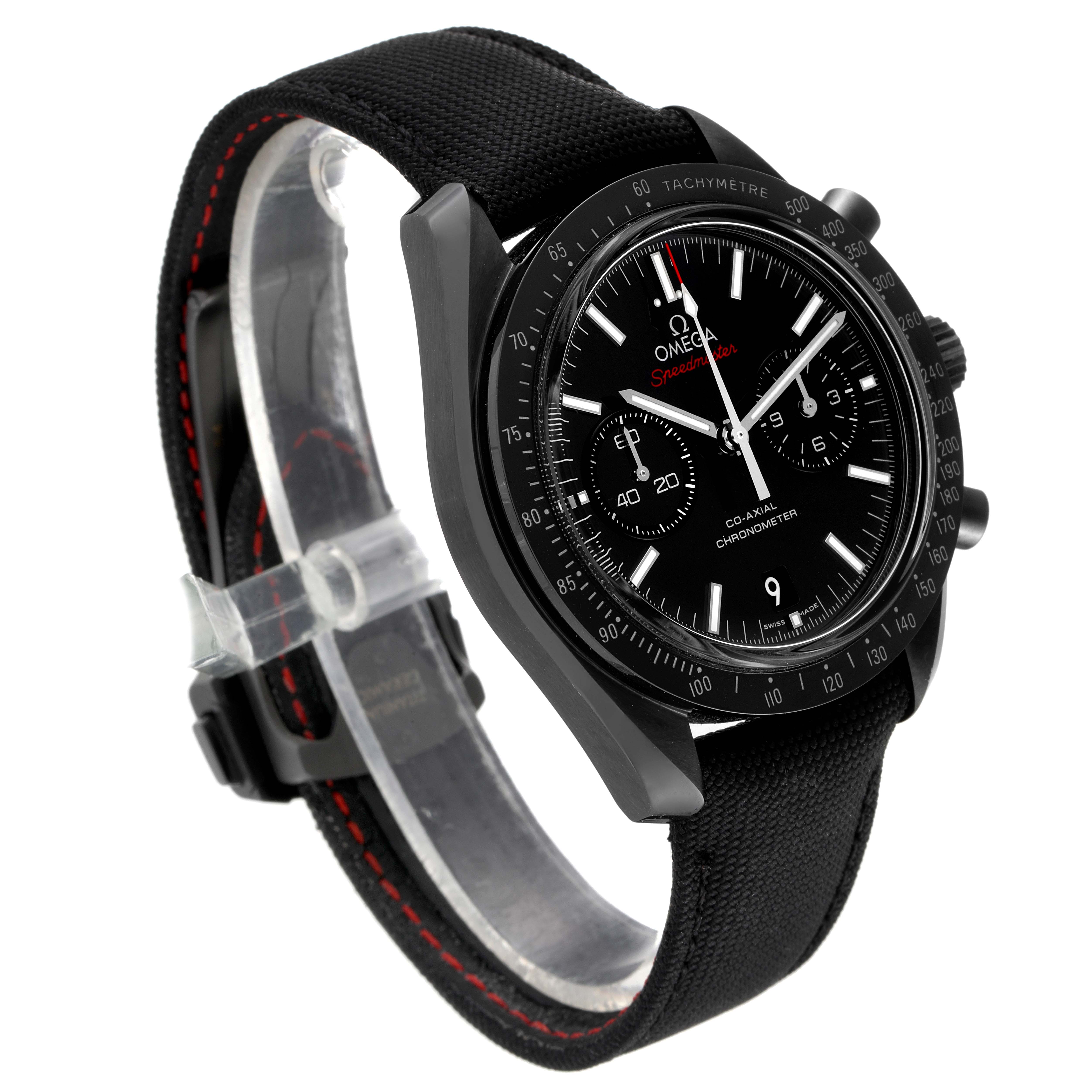 This image shows an Omega Speedmaster 311.92.44.51.01.003 Men's Ceramic Black Dial 311.92.44.51.01.003 Men's Ceramic Black Dial watch at a three-quarter angle, displaying its dial, bezel, buttons, and strap.