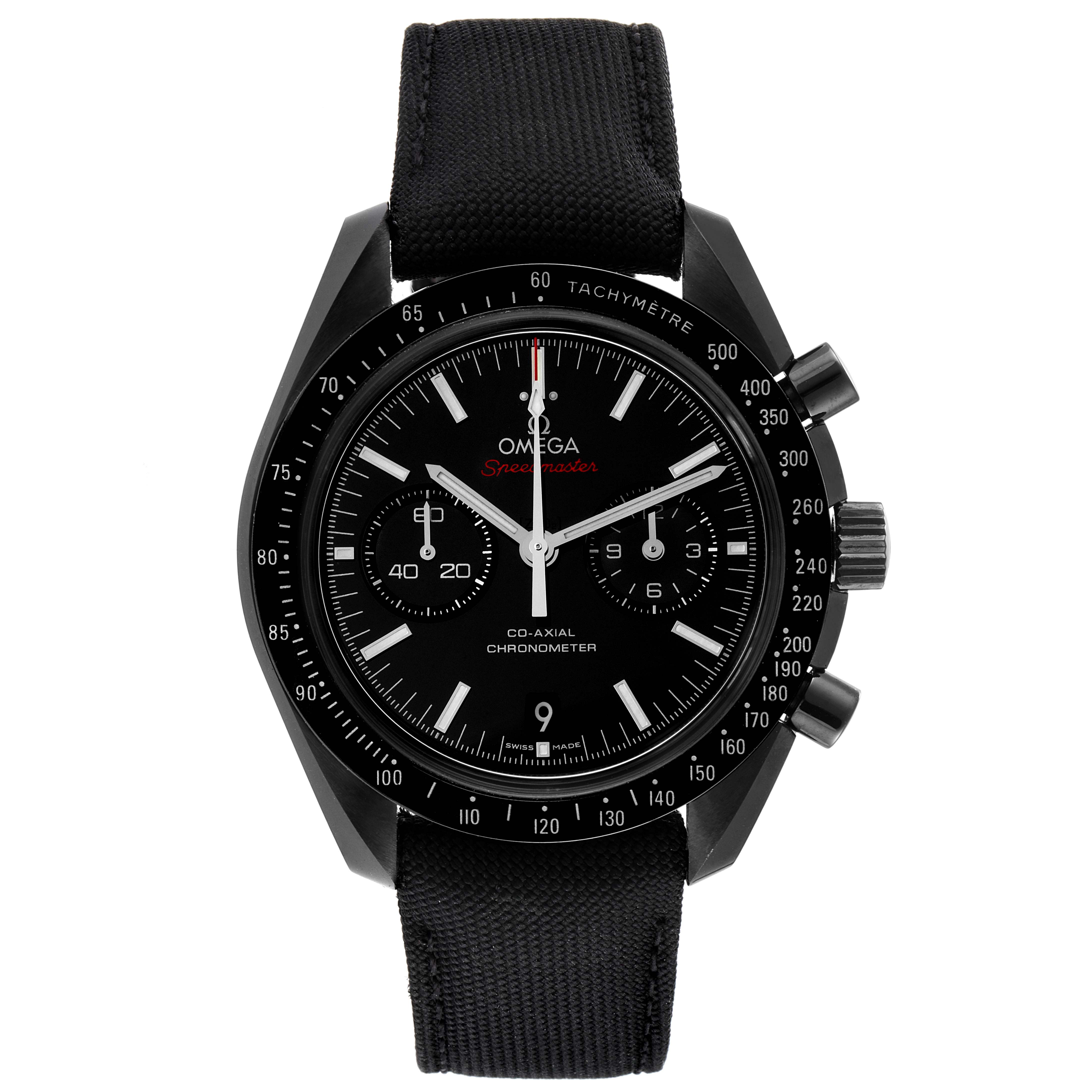 The image shows a front view of an Omega Speedmaster 311.92.44.51.01.003 Men's Ceramic Black Dial 311.92.44.51.01.003 Men's Ceramic Black Dial watch with a black dial, a tachymeter bezel, and a black fabric strap.