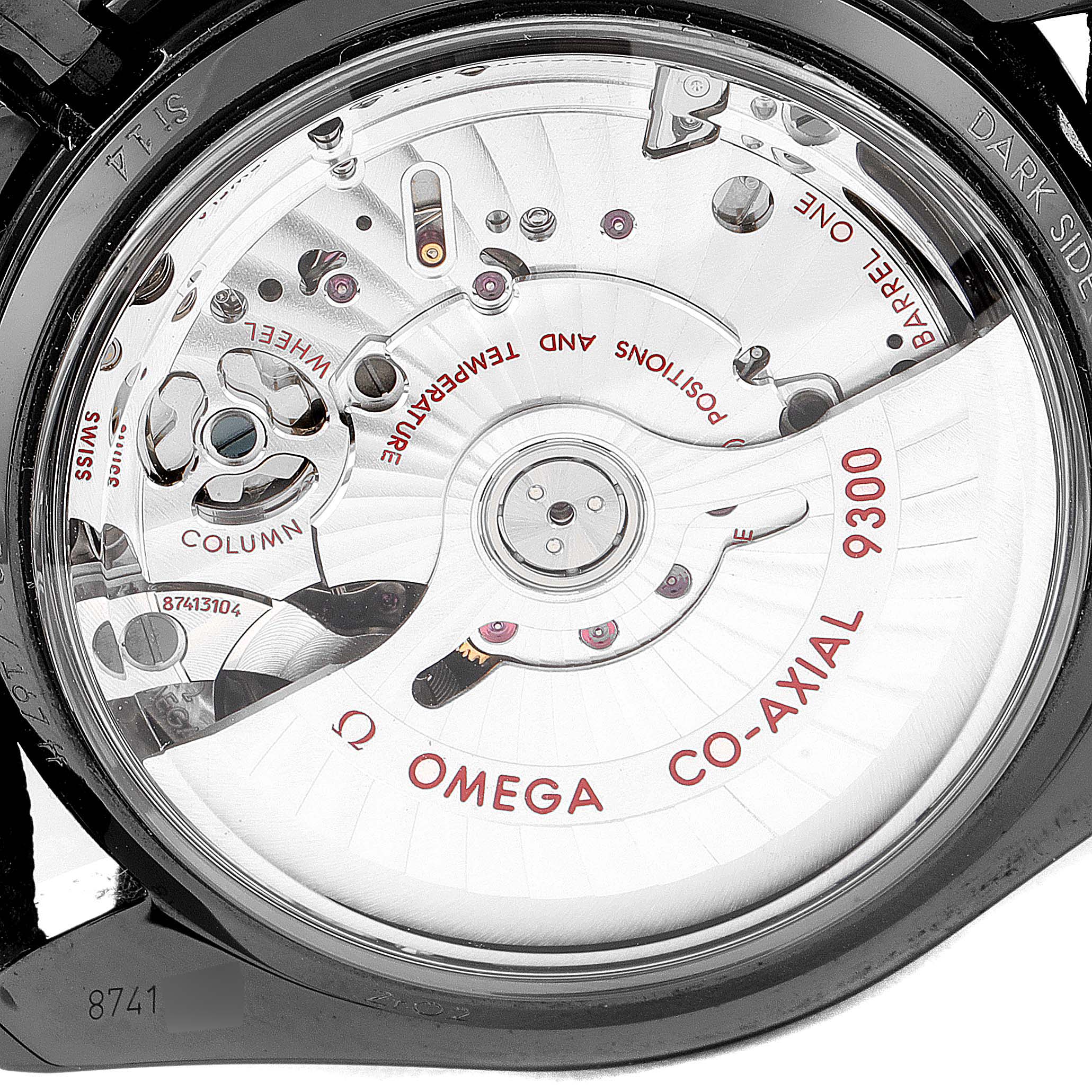 The image shows the back of an Omega Speedmaster 311.92.44.51.01.003 Men's Ceramic Black Dial 311.92.44.51.01.003 Men's Ceramic Black Dial watch, highlighting the Co-Axial 9300 movement.