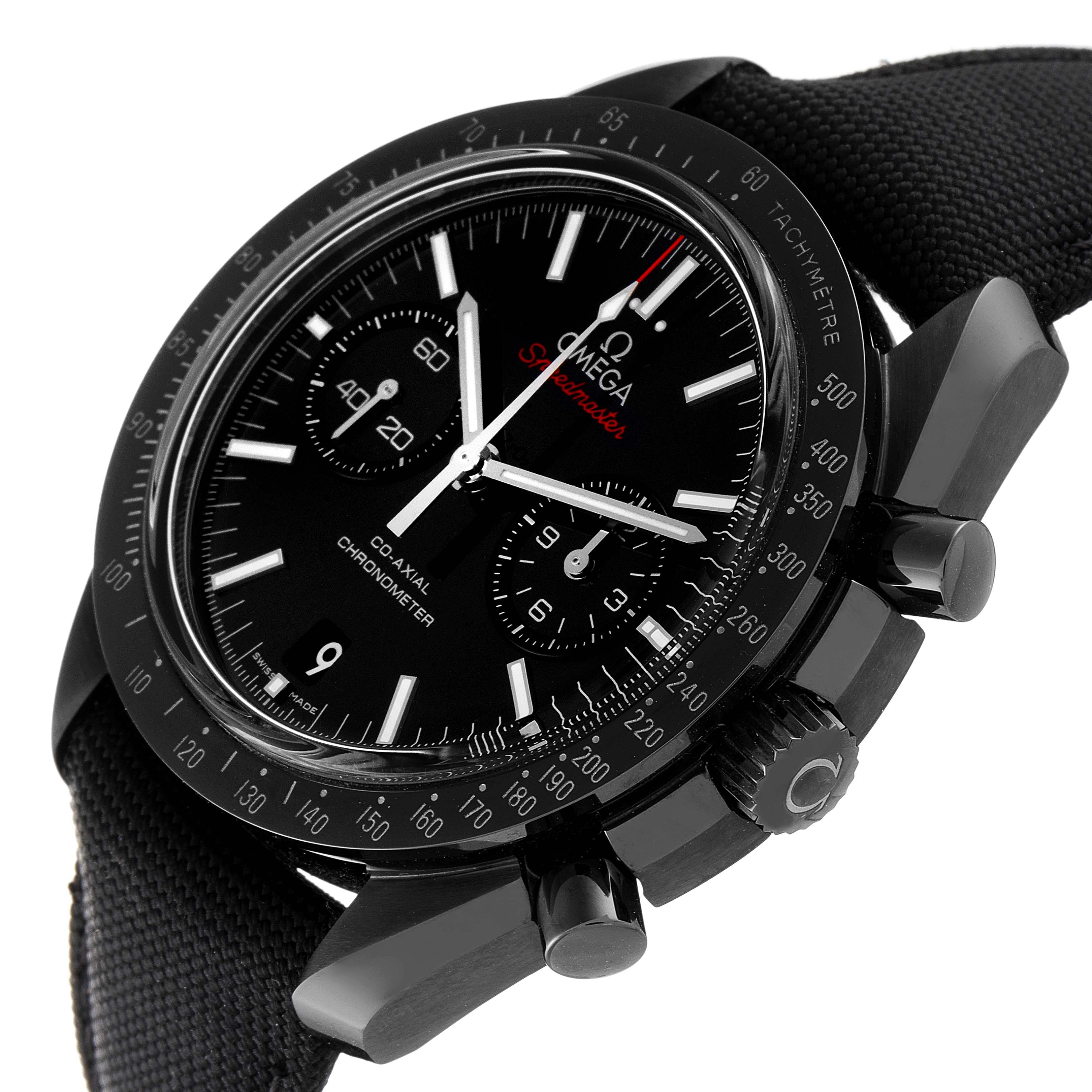 The image shows a close-up side angle of an Omega Speedmaster 311.92.44.51.01.003 Men's Ceramic Black Dial 311.92.44.51.01.003 Men's Ceramic Black Dial watch, highlighting the dial, bezel, and pushers.