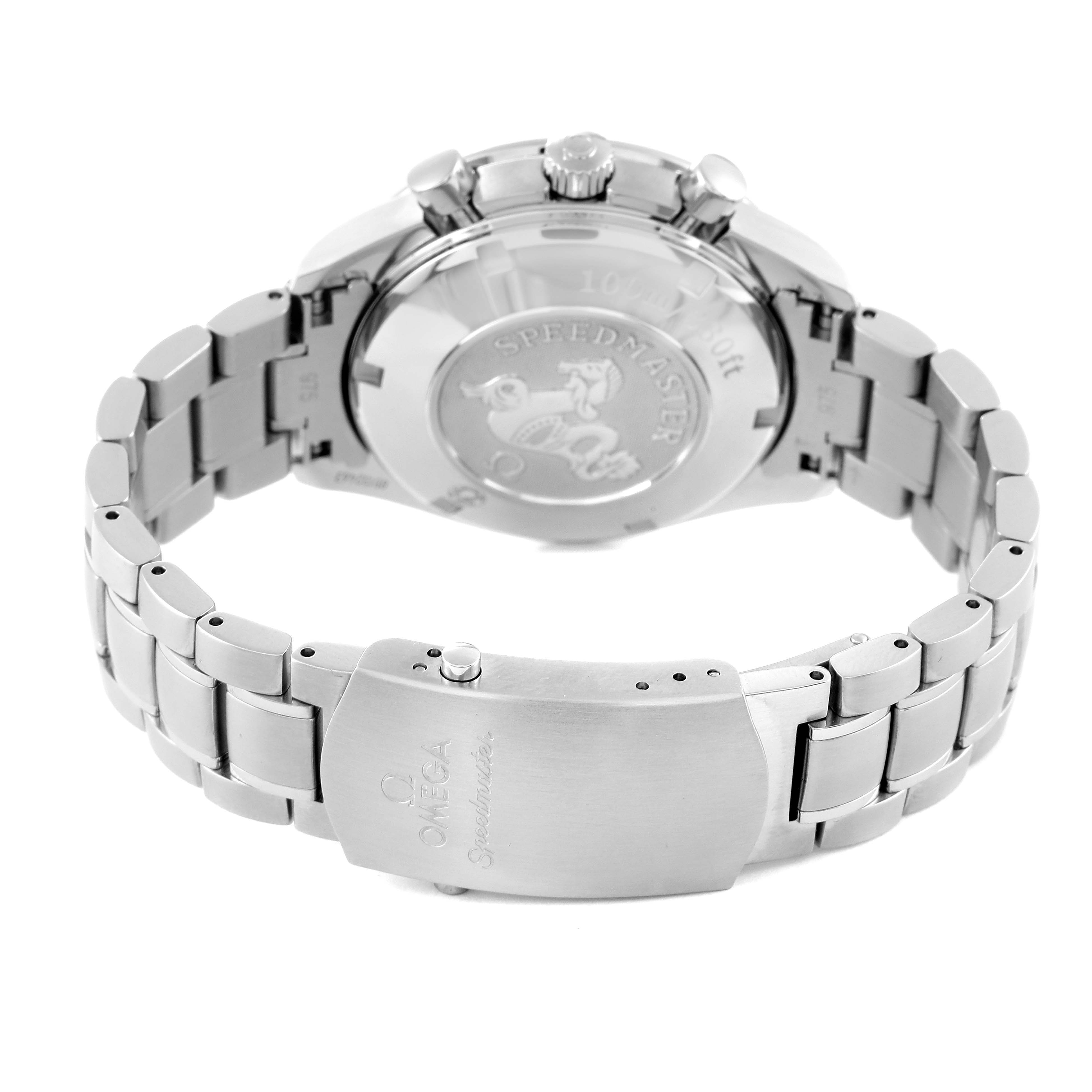 The image shows the back and clasp of an Omega Speedmaster 323.30.40.40.04.001 Men's Stainless Steel White Dial 323.30.40.40.04.001 Men's Stainless Steel White Dial watch, highlighting the engraved case back and metal bracelet.