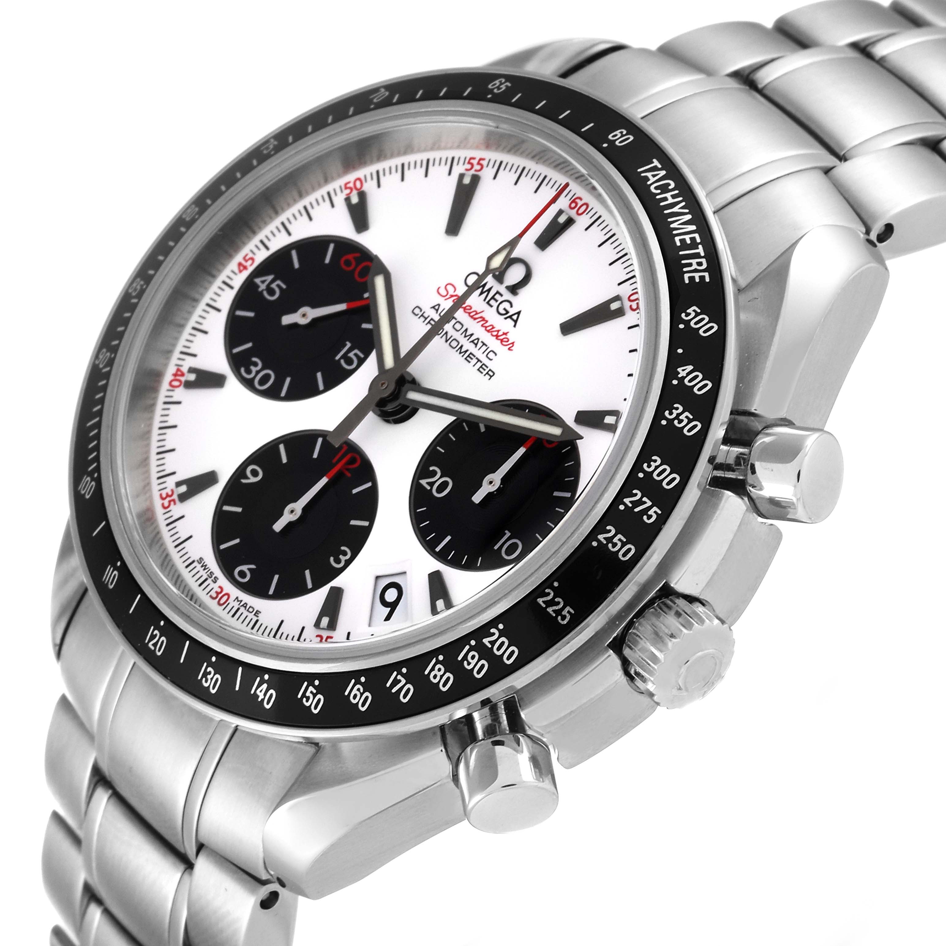 The Omega Speedmaster 323.30.40.40.04.001 Men's Stainless Steel White Dial 323.30.40.40.04.001 Men's Stainless Steel White Dial watch is shown at a three-quarter angle, displaying its bezel, dial, and stainless steel bracelet.