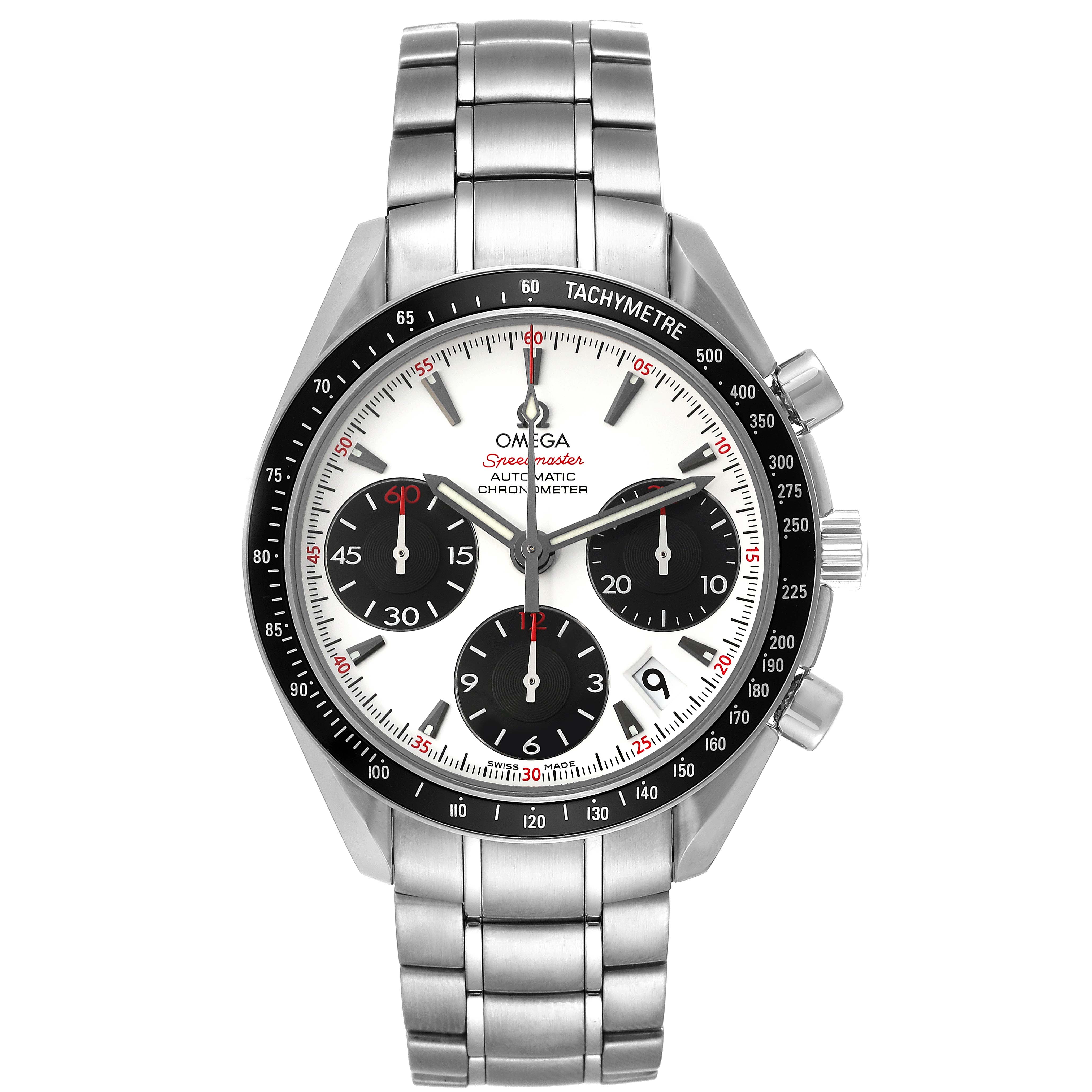 The image shows a frontal view of an Omega Speedmaster 323.30.40.40.04.001 Men's Stainless Steel White Dial 323.30.40.40.04.001 Men's Stainless Steel White Dial watch, highlighting its dial, bezel, and stainless steel bracelet.