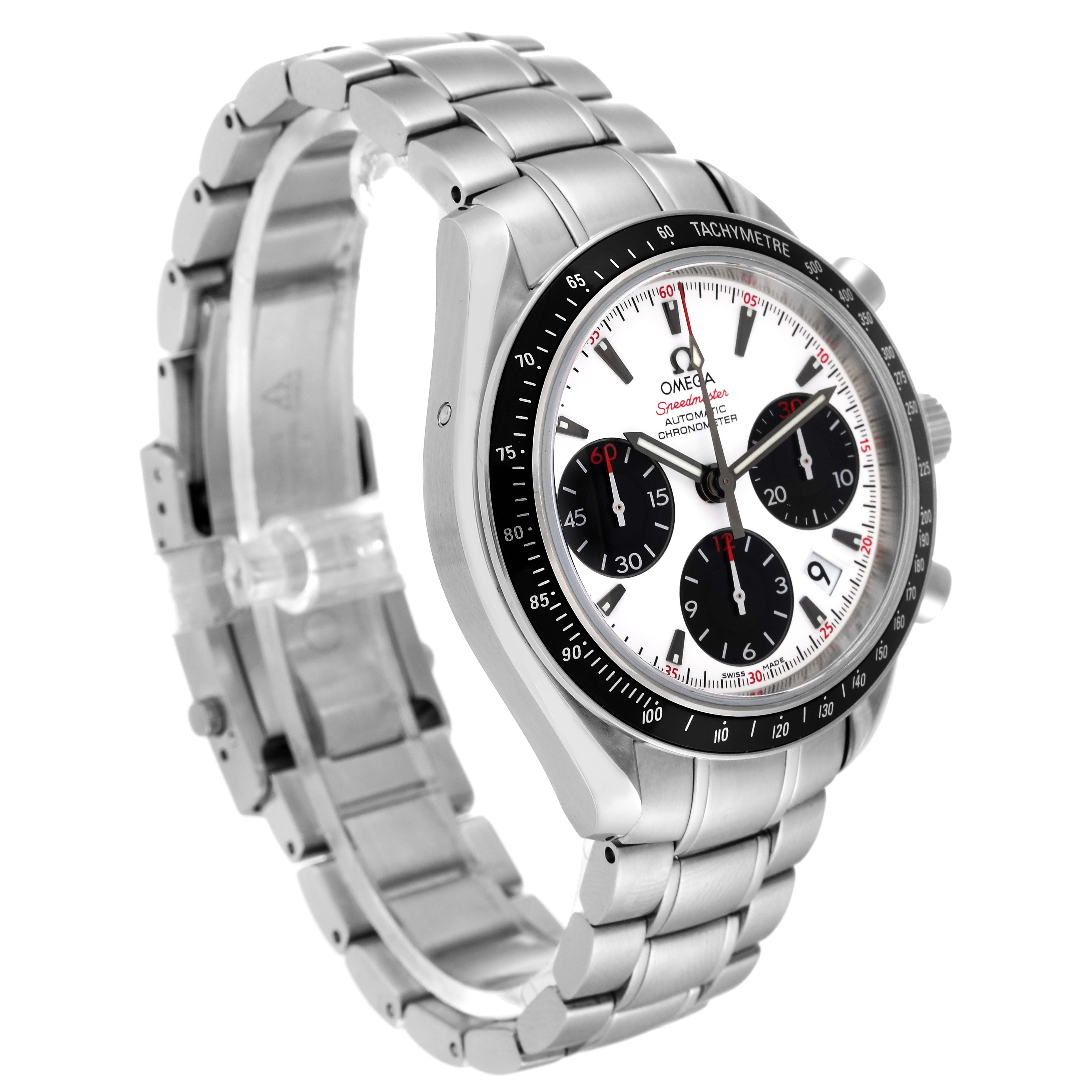The image shows an Omega Speedmaster 323.30.40.40.04.001 Men's Stainless Steel White Dial 323.30.40.40.04.001 Men's Stainless Steel White Dial watch from a slightly tilted side angle, showcasing the dial, bezel, and bracelet.