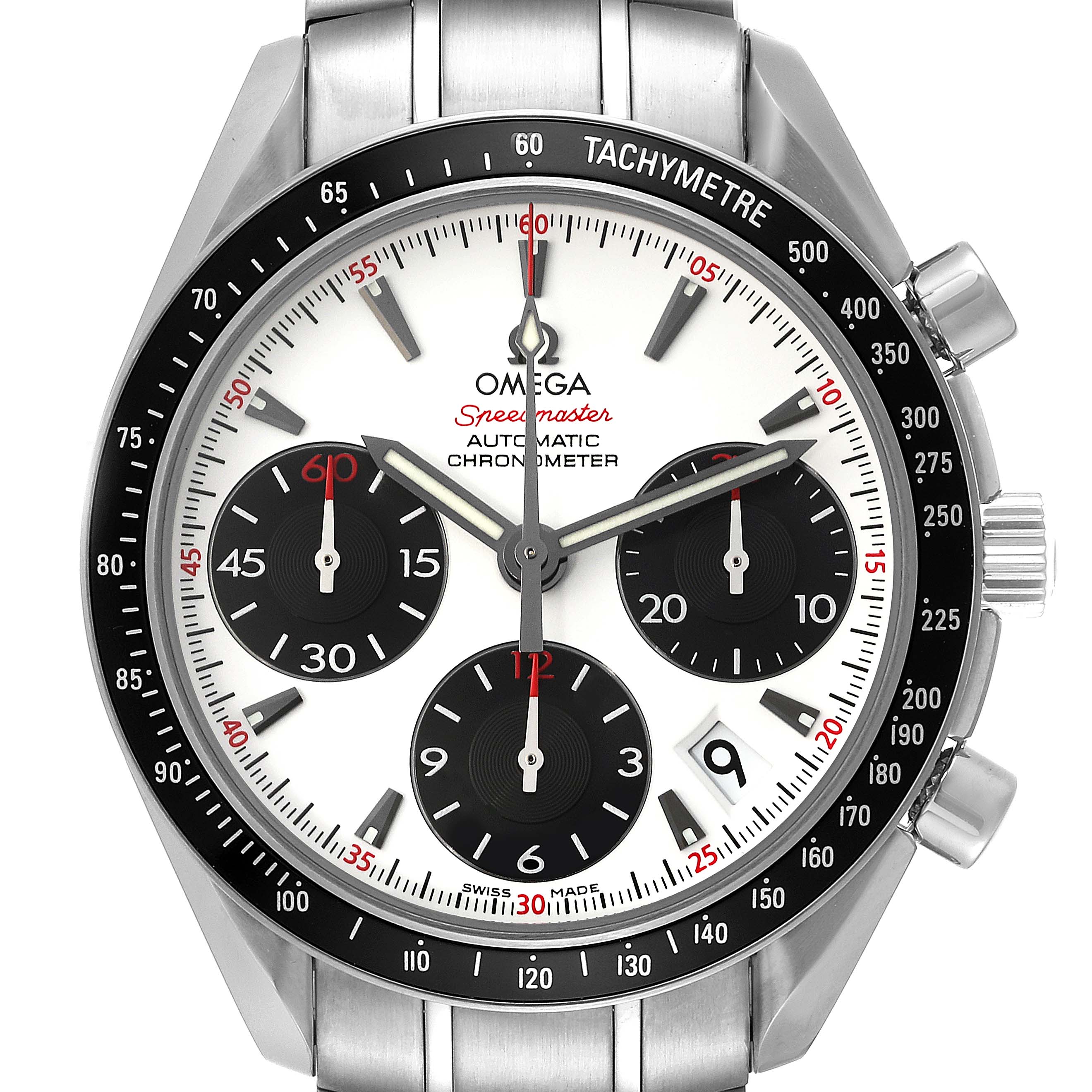 The image shows a front view of an Omega Speedmaster 323.30.40.40.04.001 Men's Stainless Steel White Dial 323.30.40.40.04.001 Men's Stainless Steel White Dial watch displaying the dial, subdials, tachymeter scale, and stainless steel bracelet.