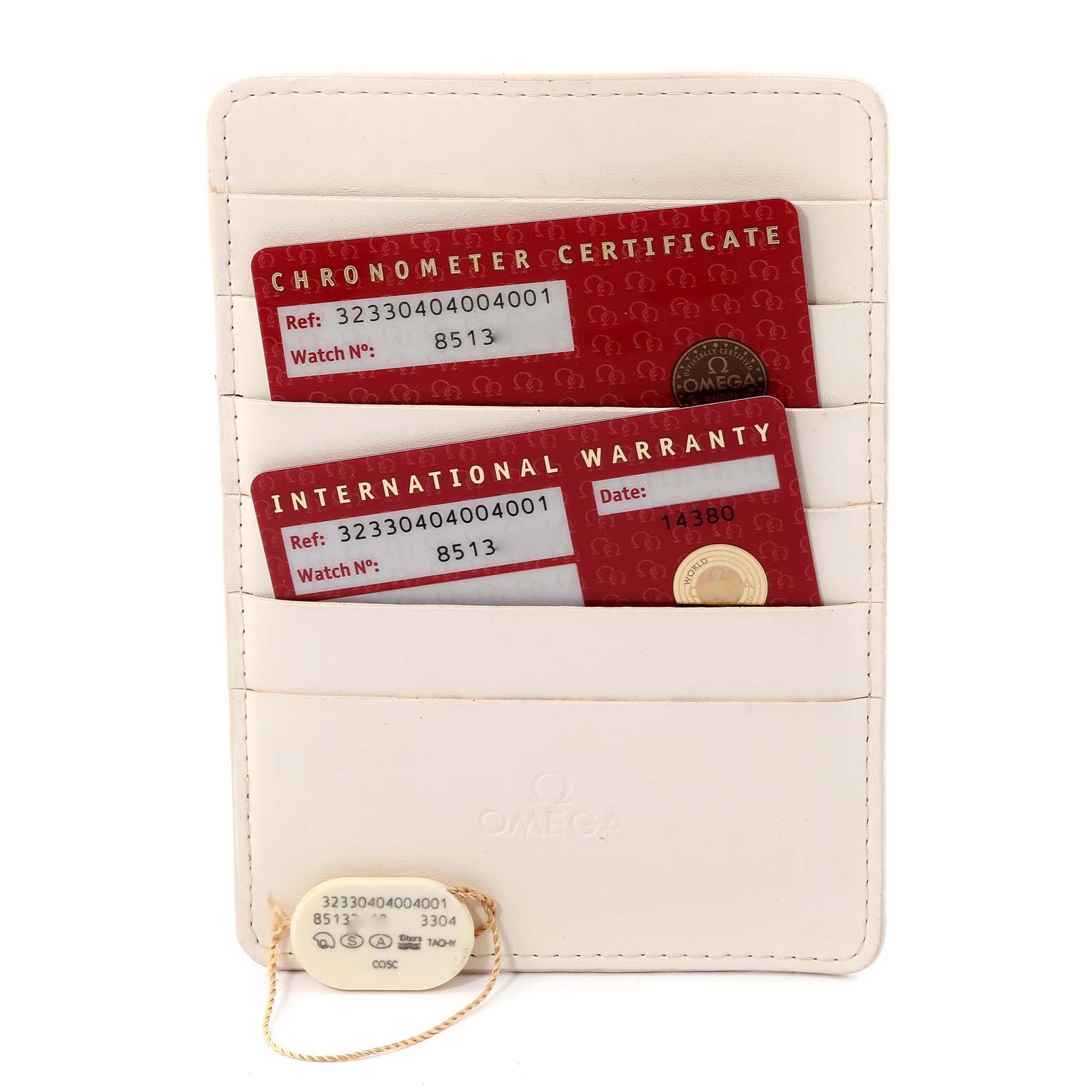 The image shows a white cardholder containing chronometer and warranty cards for an Omega Speedmaster 323.30.40.40.04.001 Men's Stainless Steel White Dial 323.30.40.40.04.001 Men's Stainless Steel White Dial model, viewed from the front.