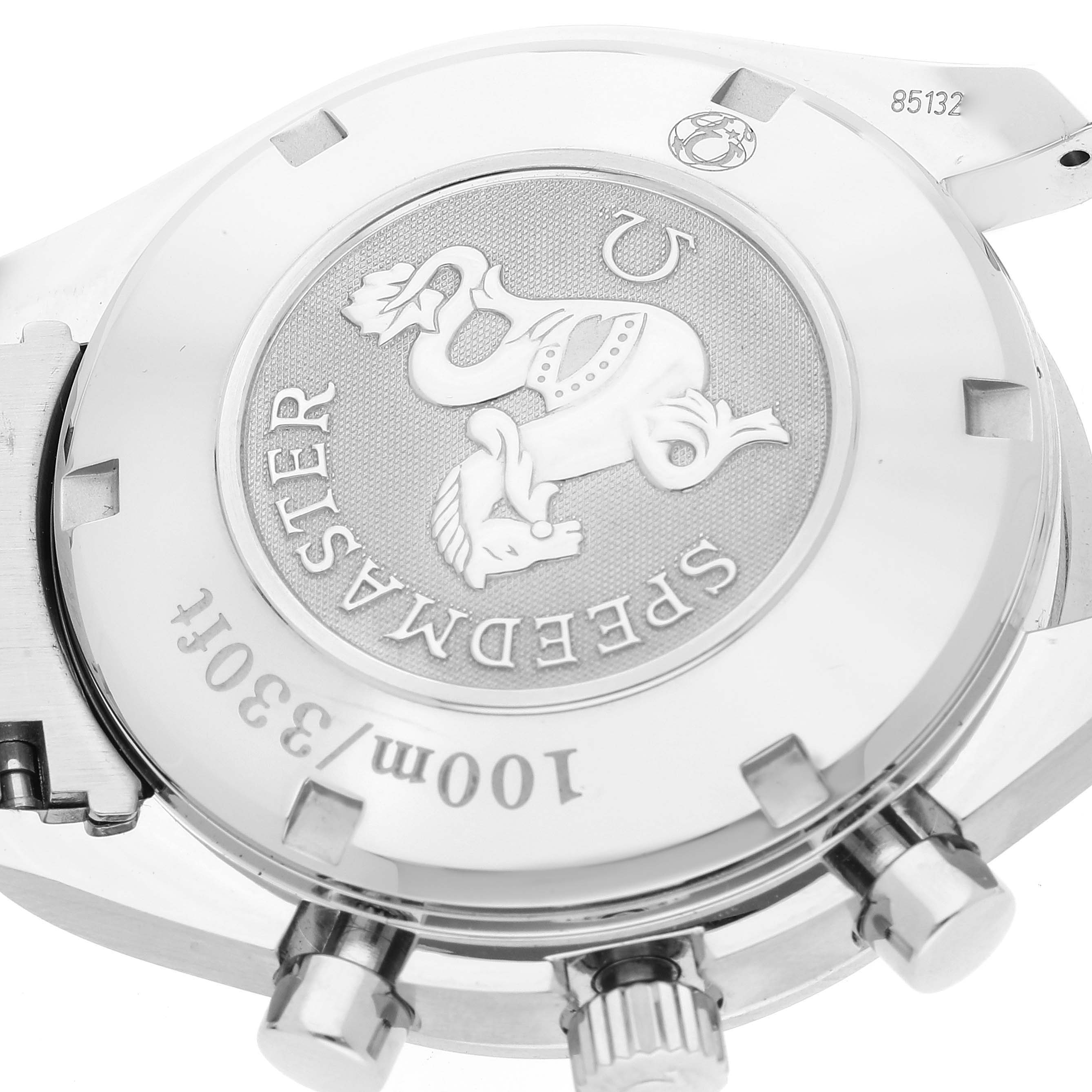 This image shows the caseback of an Omega Speedmaster 323.30.40.40.04.001 Men's Stainless Steel White Dial 323.30.40.40.04.001 Men's Stainless Steel White Dial watch, highlighting its logo and water resistance markings.