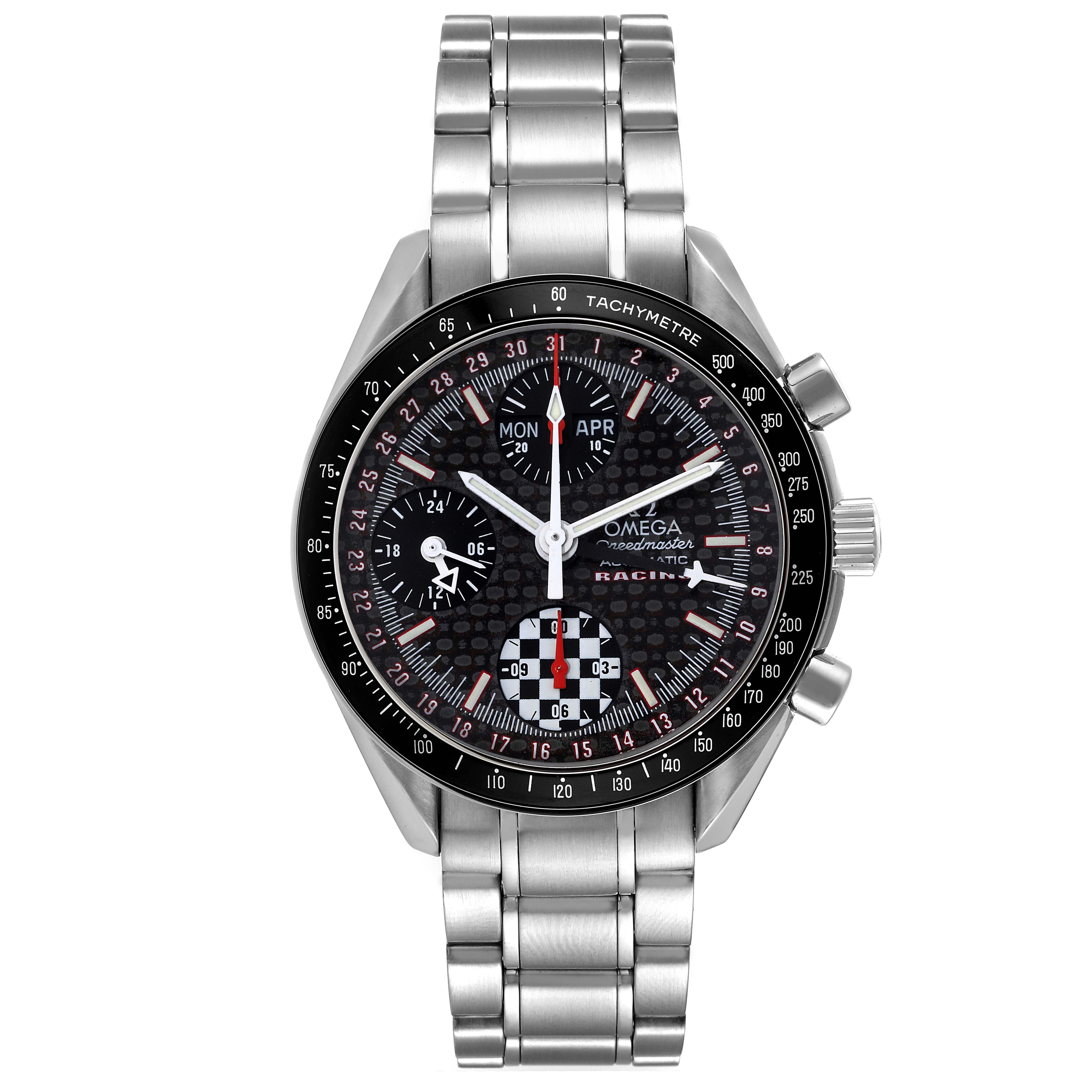 The image shows a front view of the Omega Speedmaster 3529.50.00 Men's Stainless Steel Black Dial 3529.50.00 Men's Stainless Steel Black Dial watch, displaying its dial, bracelet, and chronograph sub-dials.