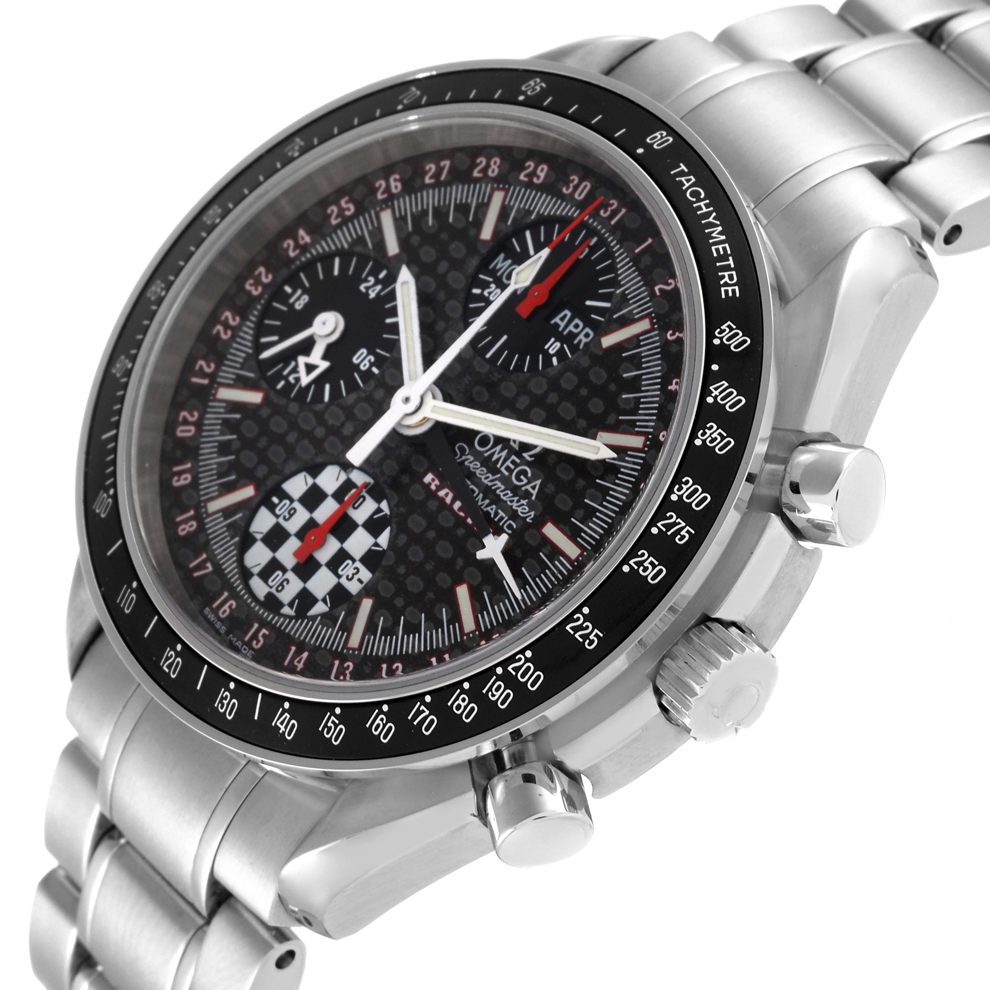 This image shows an angled view of the Omega Speedmaster 3529.50.00 Men's Stainless Steel Black Dial 3529.50.00 Men's Stainless Steel Black Dial watch, highlighting the dial, tachymeter, and metallic bracelet.
