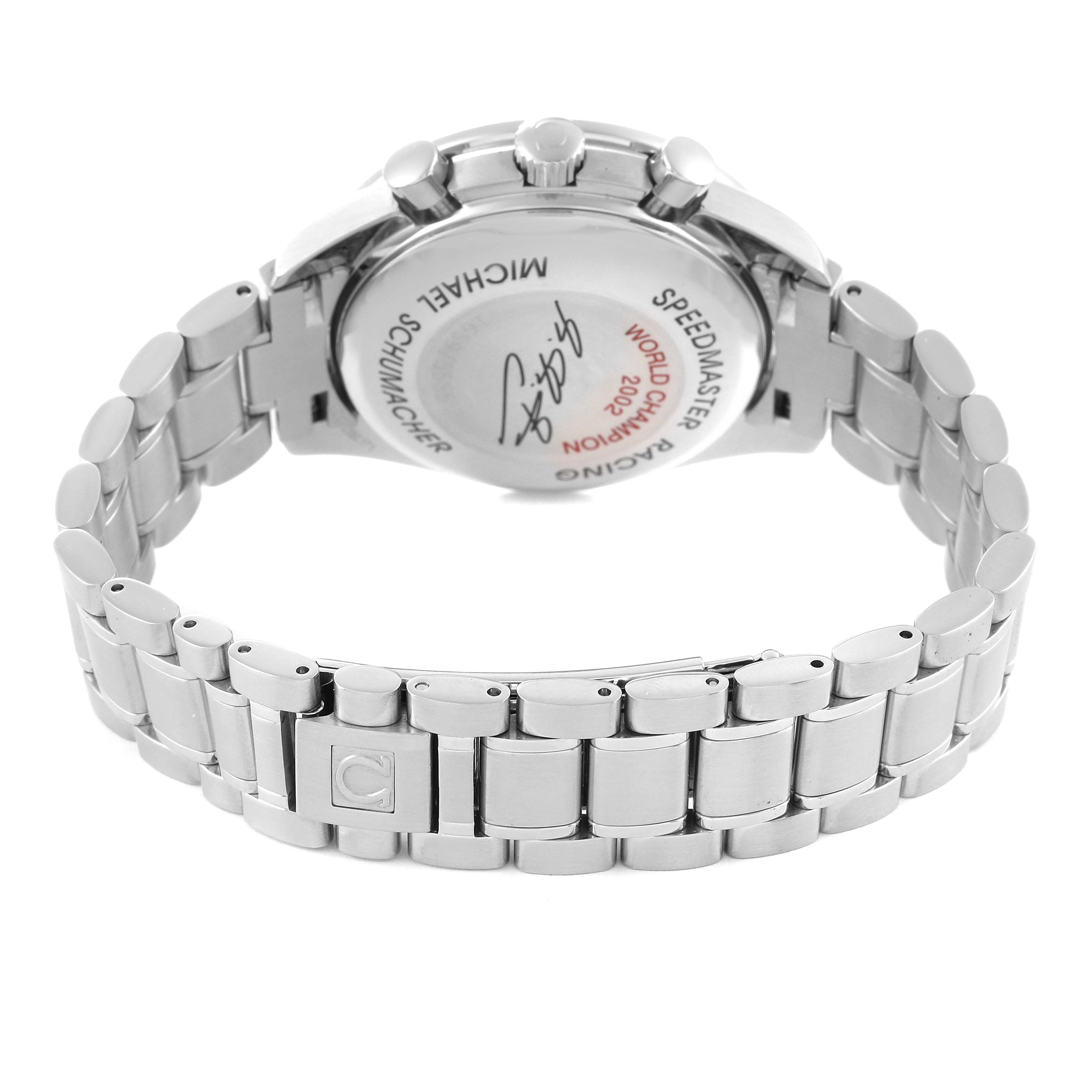 The image shows the back and side view of an Omega Speedmaster 3529.50.00 Men's Stainless Steel Black Dial 3529.50.00 Men's Stainless Steel Black Dial watch, highlighting the case back and bracelet.