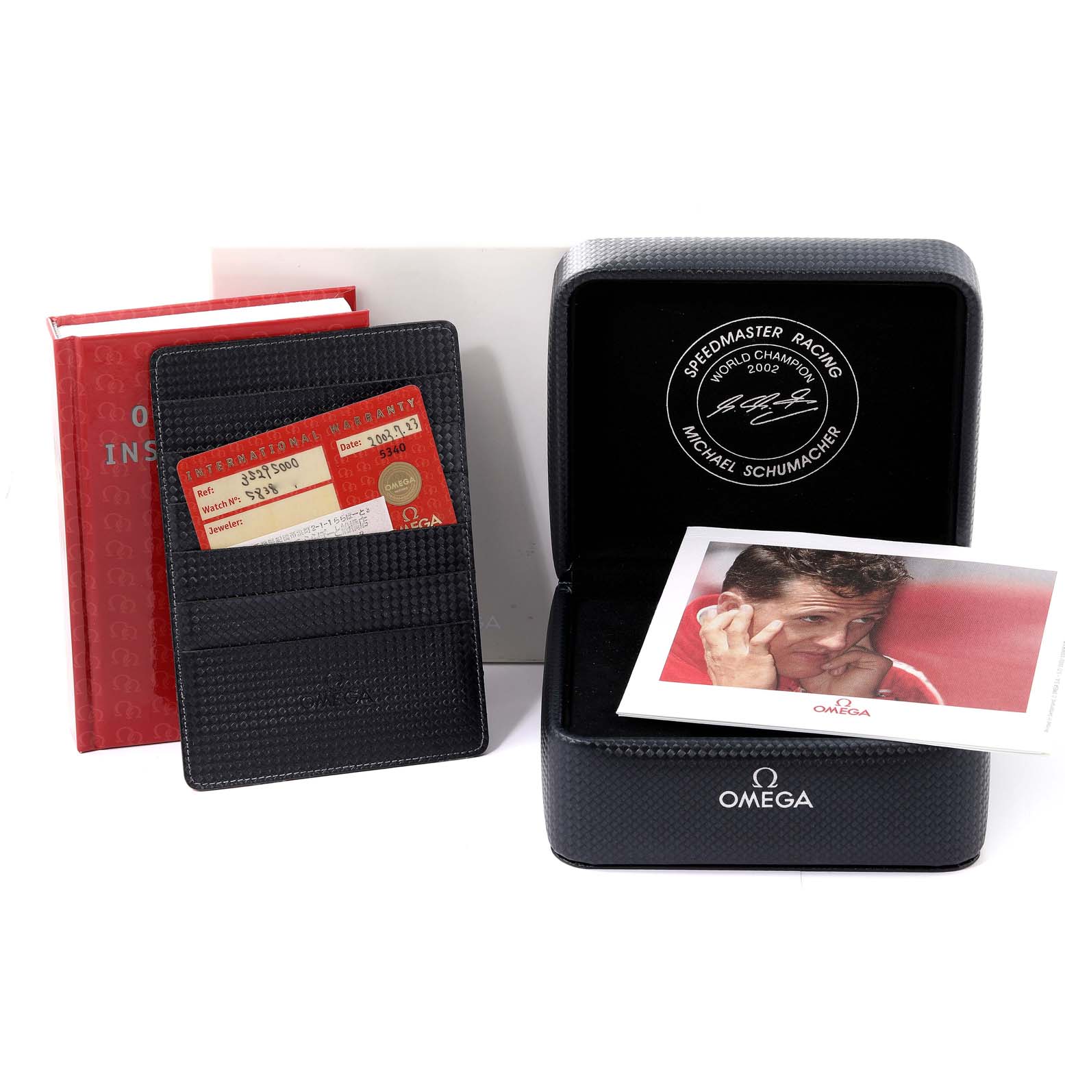 The image shows a box, instruction manual, cardholder, warranty card, and a photo for the Omega Speedmaster 3529.50.00 Men's Stainless Steel Black Dial 3529.50.00 Men's Stainless Steel Black Dial model.