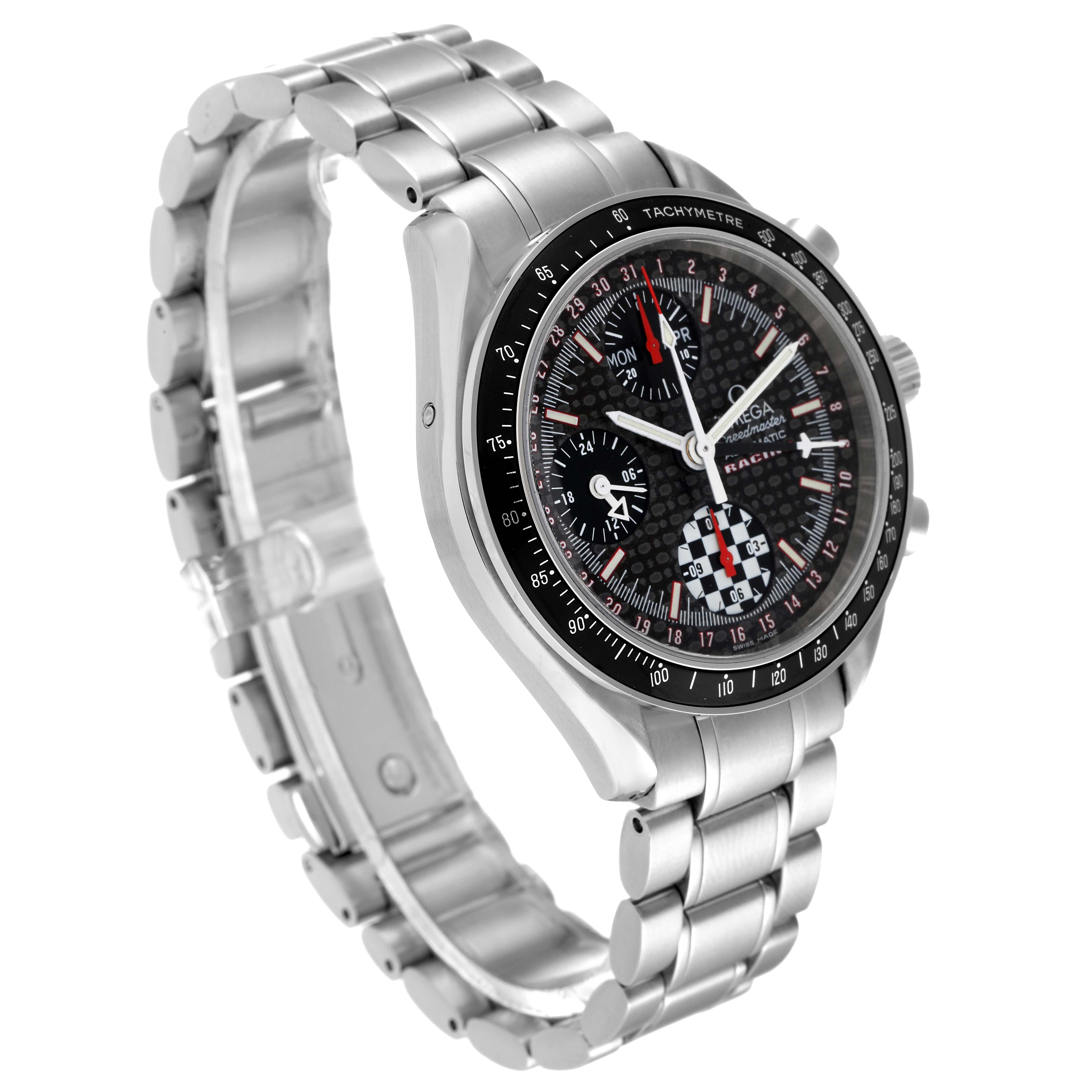 The Omega Speedmaster 3529.50.00 Men's Stainless Steel Black Dial 3529.50.00 Men's Stainless Steel Black Dial watch is shown at an oblique angle, highlighting the face, bezel, case, and metal bracelet.