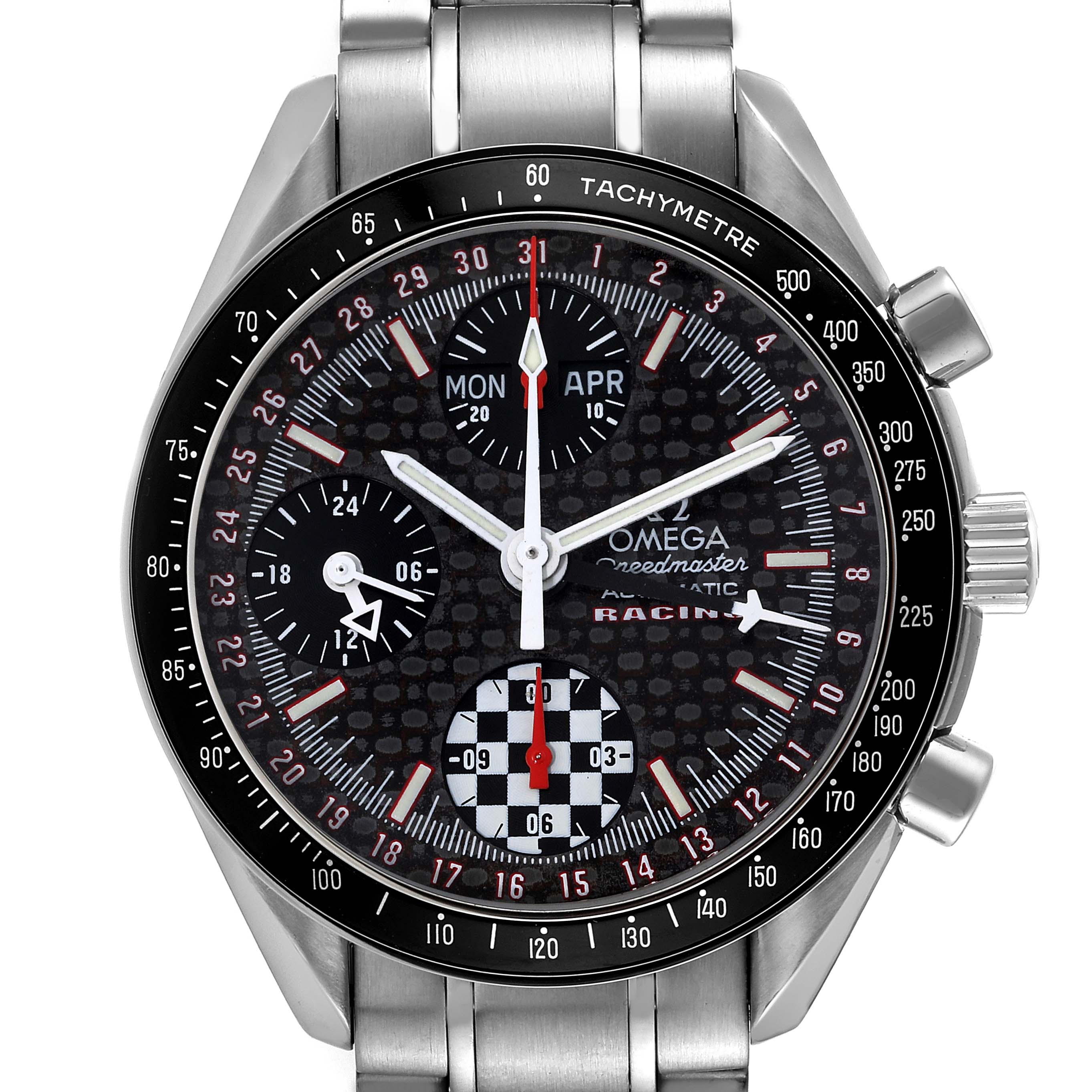 The image shows a front view of the Omega Speedmaster 3529.50.00 Men's Stainless Steel Black Dial 3529.50.00 Men's Stainless Steel Black Dial Racing watch, highlighting its dial, bezel, and metal bracelet.
