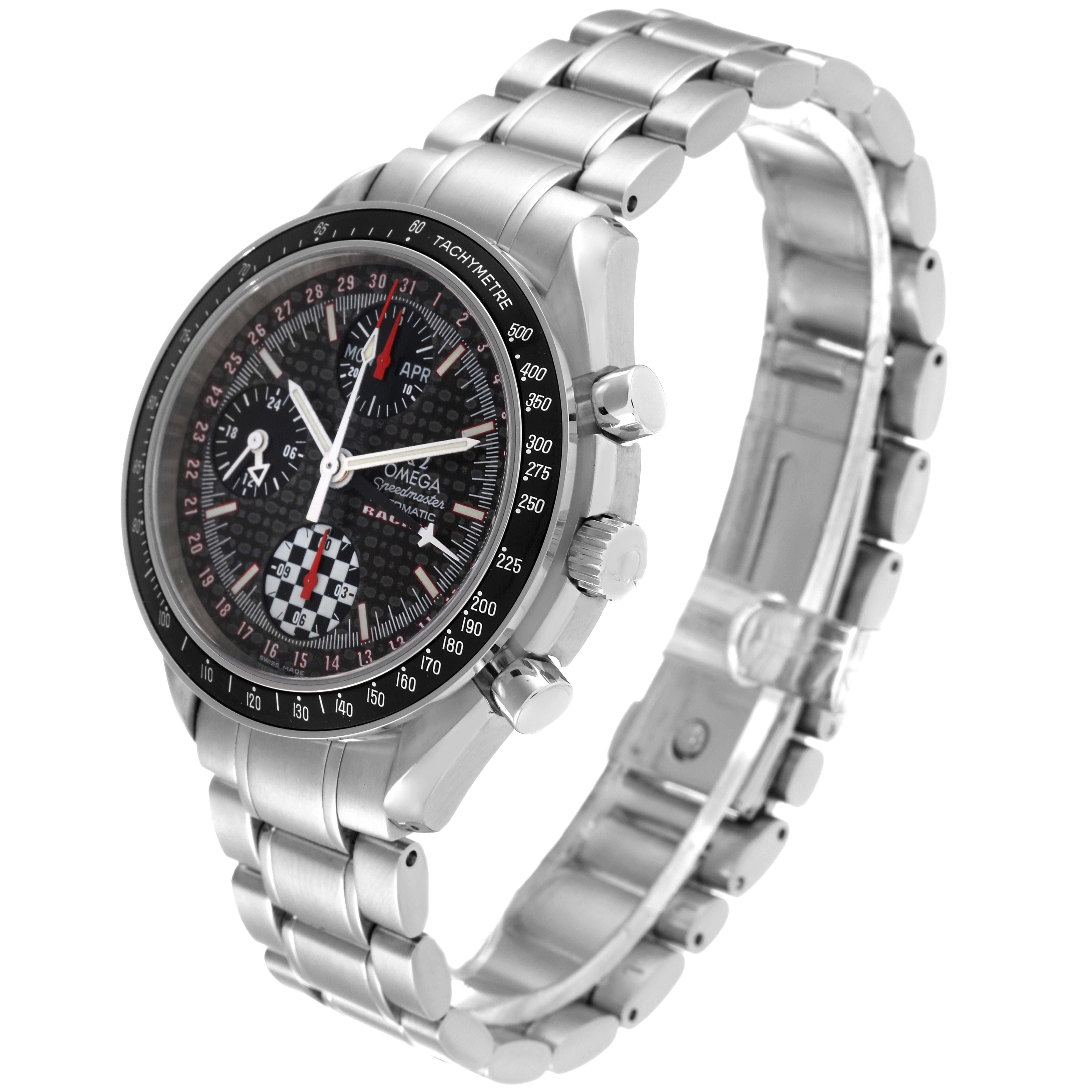 The image shows a side and angled view of an Omega Speedmaster 3529.50.00 Men's Stainless Steel Black Dial 3529.50.00 Men's Stainless Steel Black Dial watch, highlighting the face, bezel, and metal bracelet.