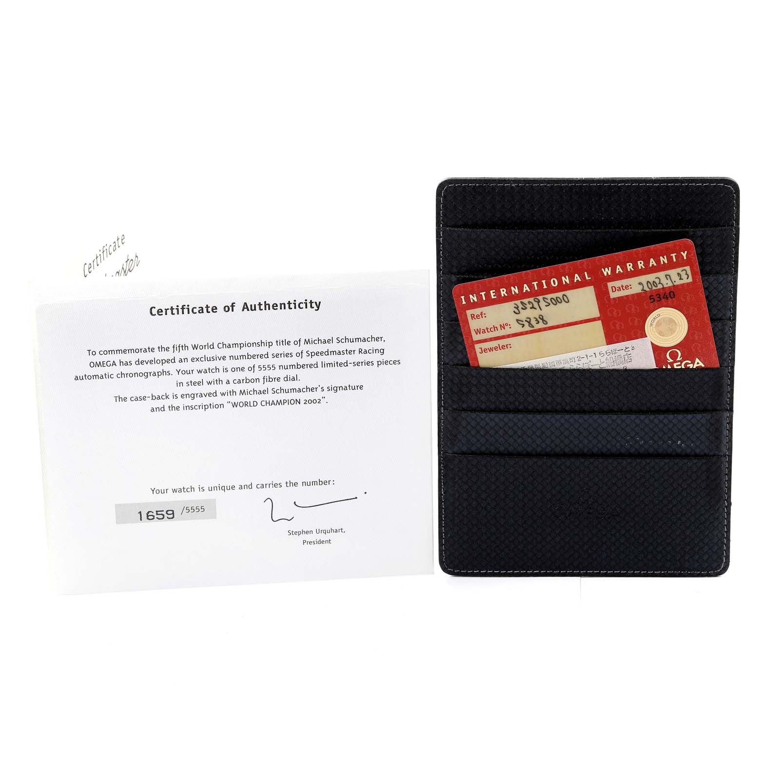 The image shows a Certificate of Authenticity and an International Warranty card for the Omega Speedmaster 3529.50.00 Men's Stainless Steel Black Dial 3529.50.00 Men's Stainless Steel Black Dial watch model.