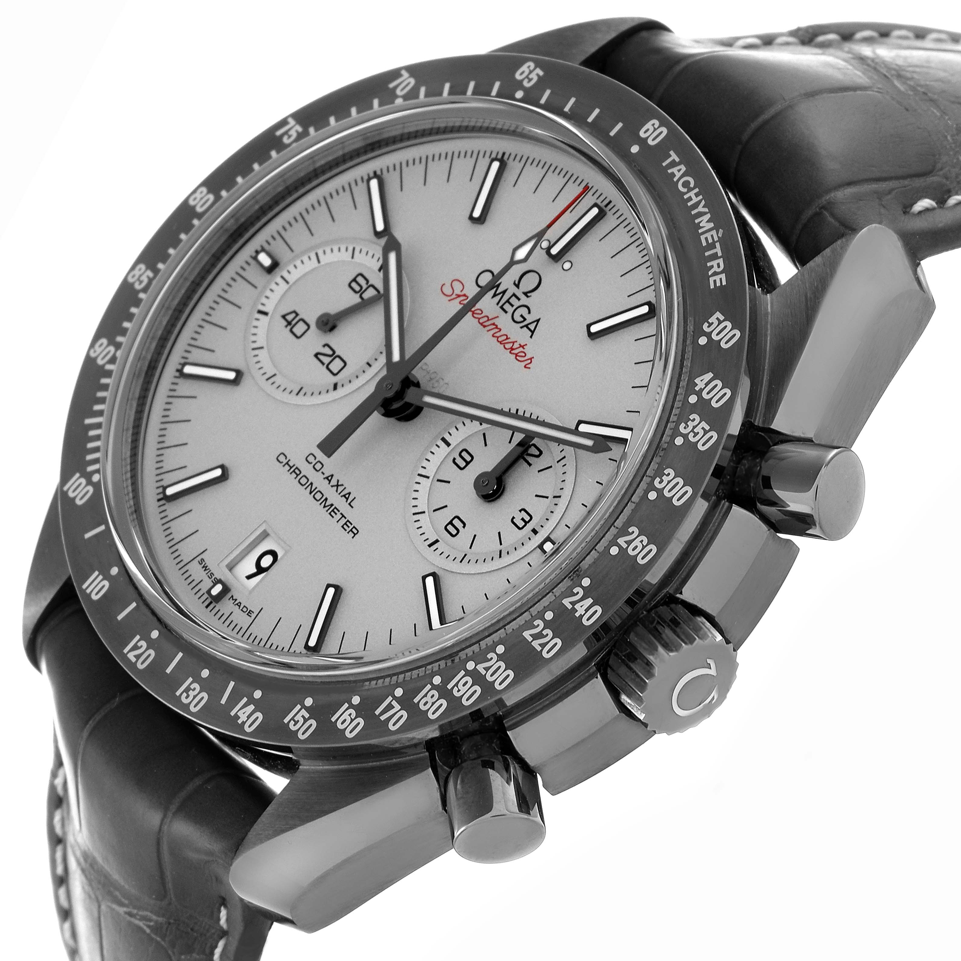 The image shows an Omega Speedmaster 311.93.44.51.99.001 Men's Ceramic Silver Dial 311.93.44.51.99.001 Men's Ceramic Silver Dial watch at an angled side view, highlighting the dial, bezel, crown, and pushers.