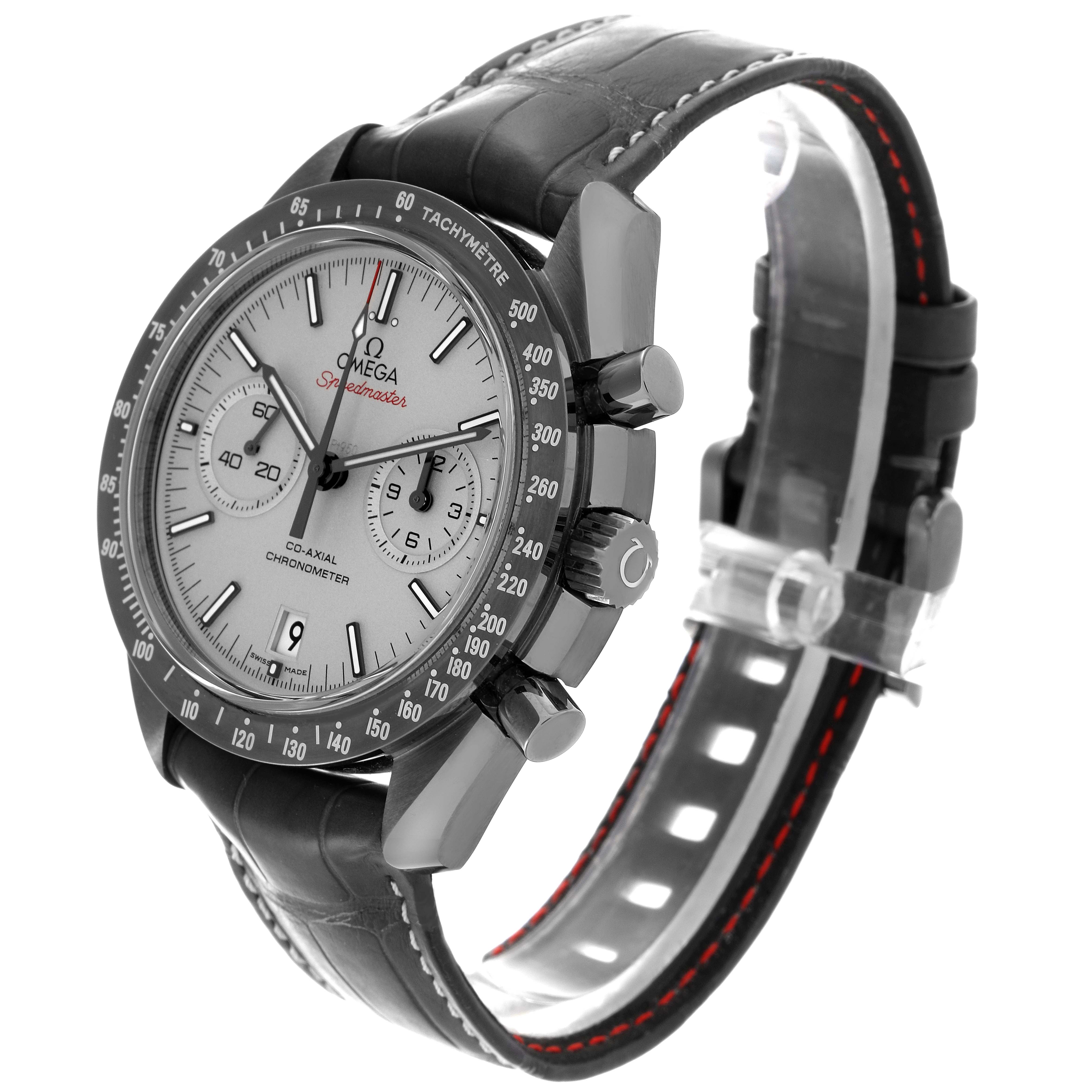 The Omega Speedmaster 311.93.44.51.99.001 Men's Ceramic Silver Dial 311.93.44.51.99.001 Men's Ceramic Silver Dial watch is shown from a side angle, displaying the face, bezel, chronograph pushers, and strap.