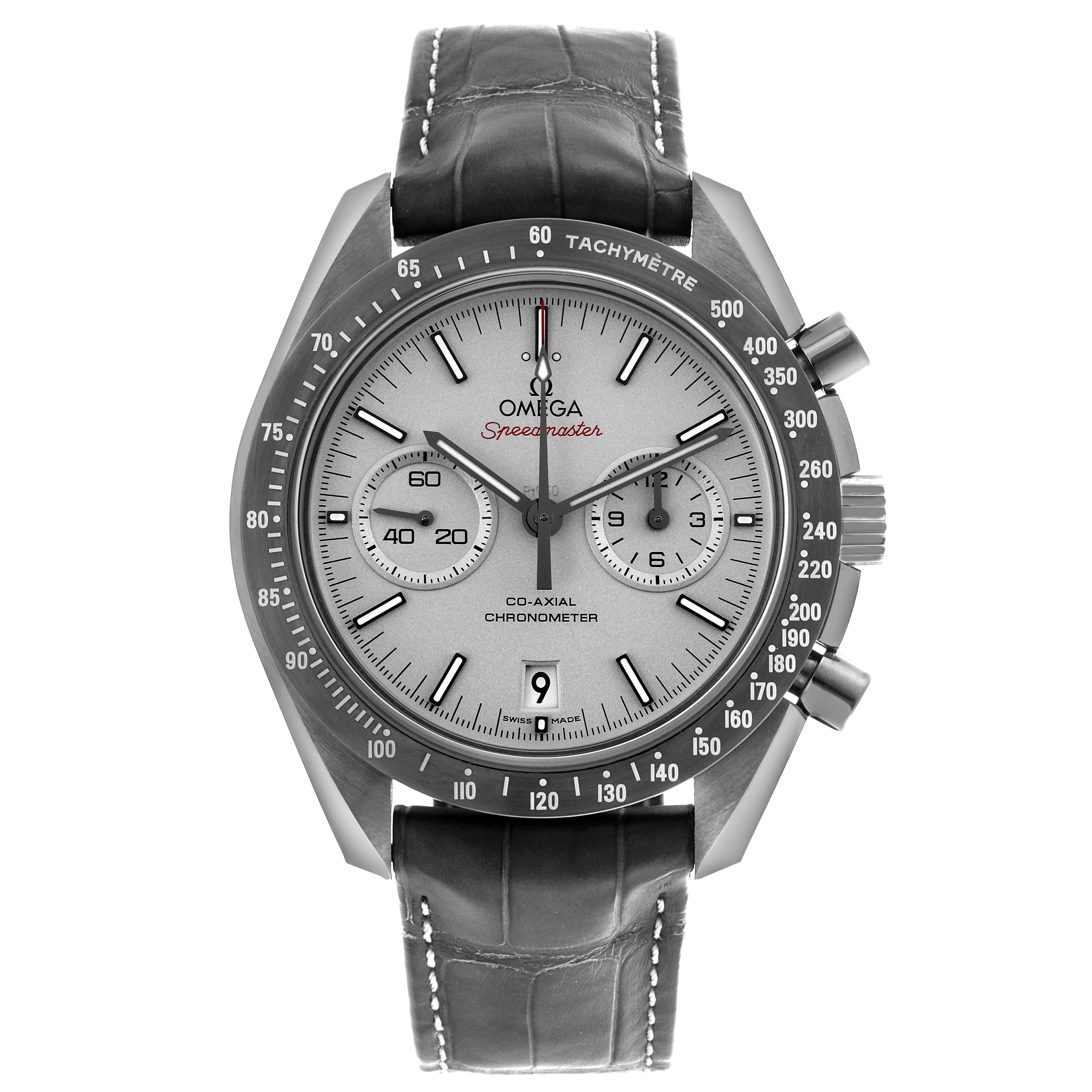 The Omega Speedmaster 311.93.44.51.99.001 Men's Ceramic Silver Dial 311.93.44.51.99.001 Men's Ceramic Silver Dial watch is shown from the front, highlighting its dial, bezel, and leather strap.