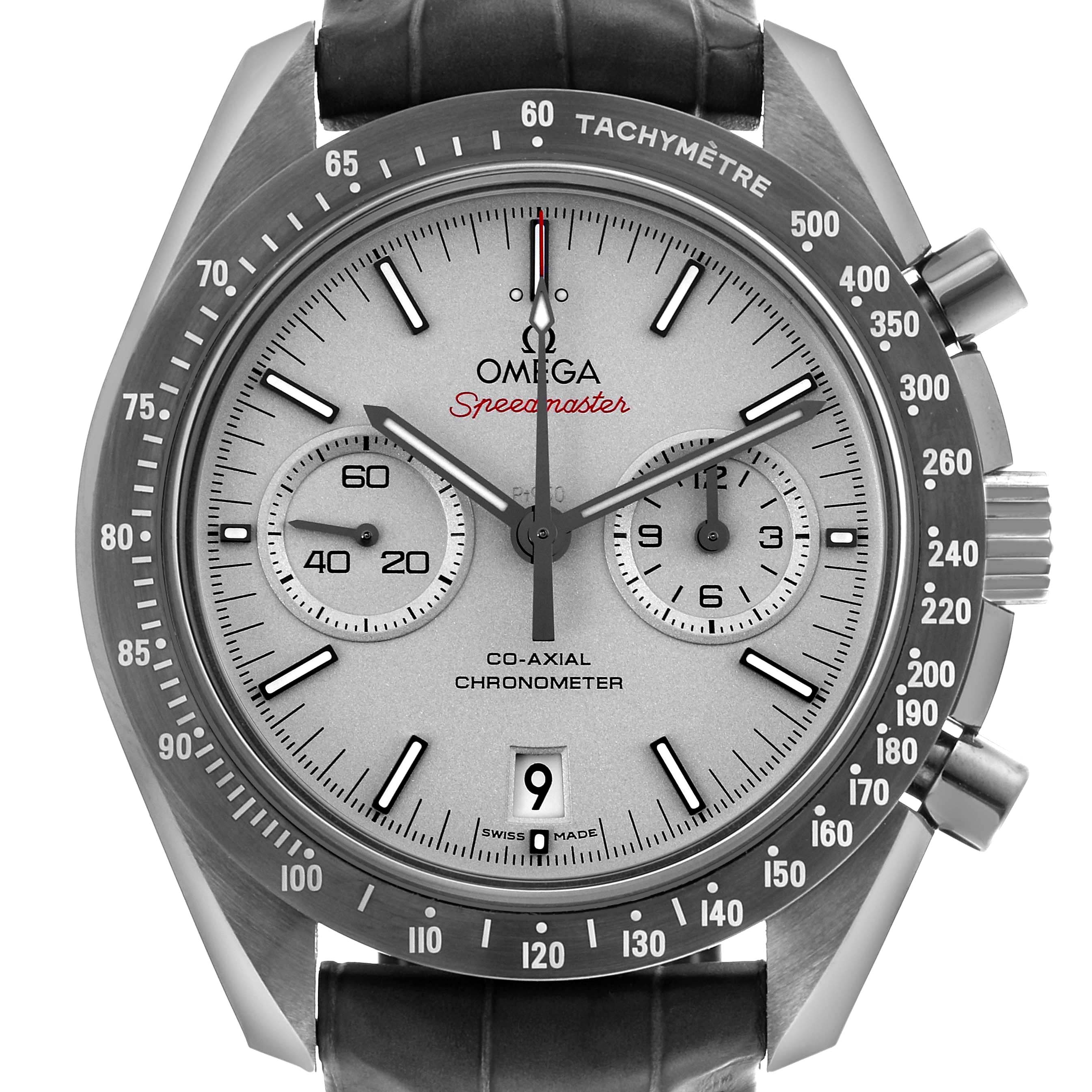 The Omega Speedmaster 311.93.44.51.99.001 Men's Ceramic Silver Dial 311.93.44.51.99.001 Men's Ceramic Silver Dial watch is shown from the front, displaying the dial, tachymetric bezel, subdials, and pushers.
