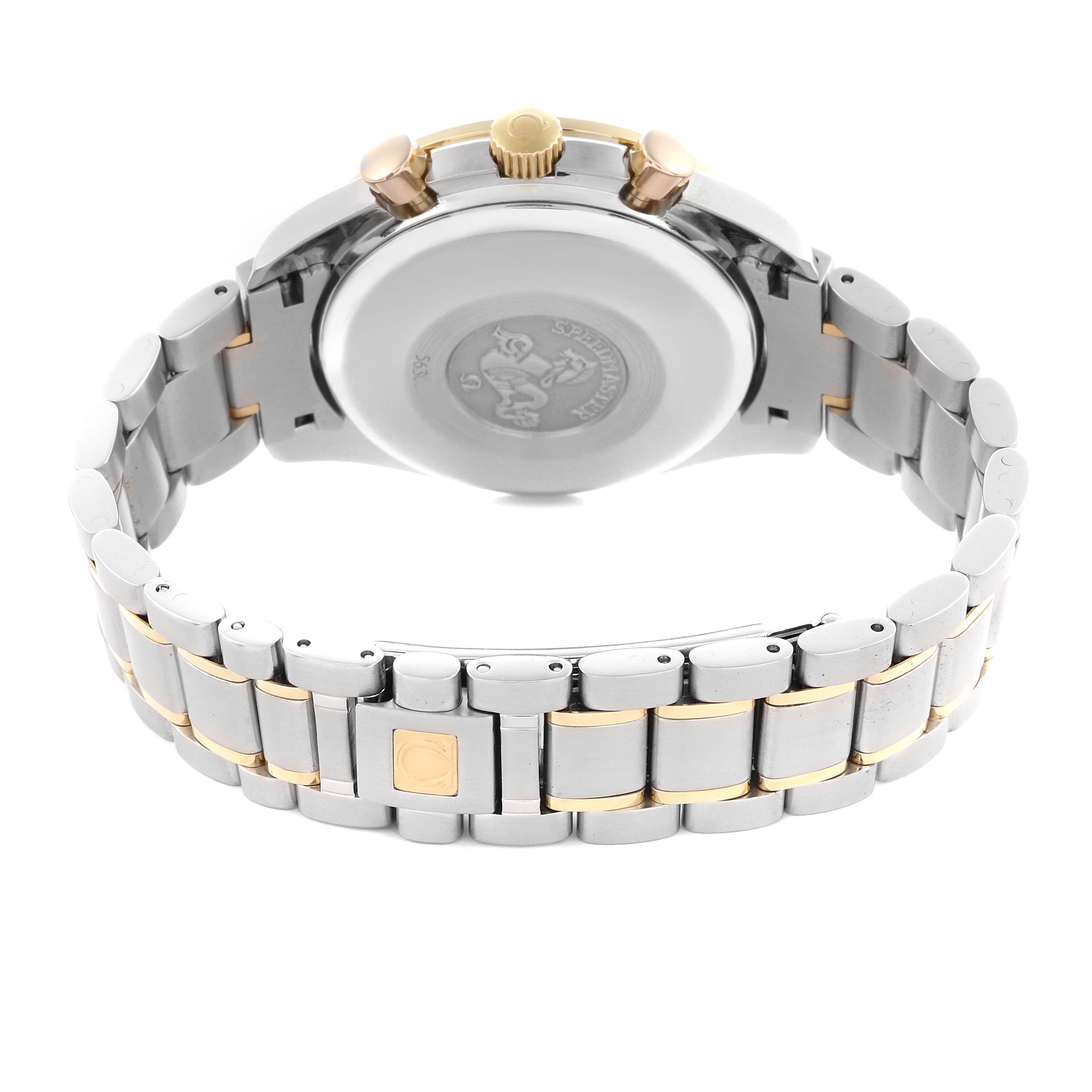 The Omega Speedmaster 3313.33.00 Men's Steel and Gold (two tone) White Dial 3313.33.00 Men's Steel and Gold (two tone) White Dial watch is shown from the back angle, highlighting its case back and metal bracelet with gold-tone accents.