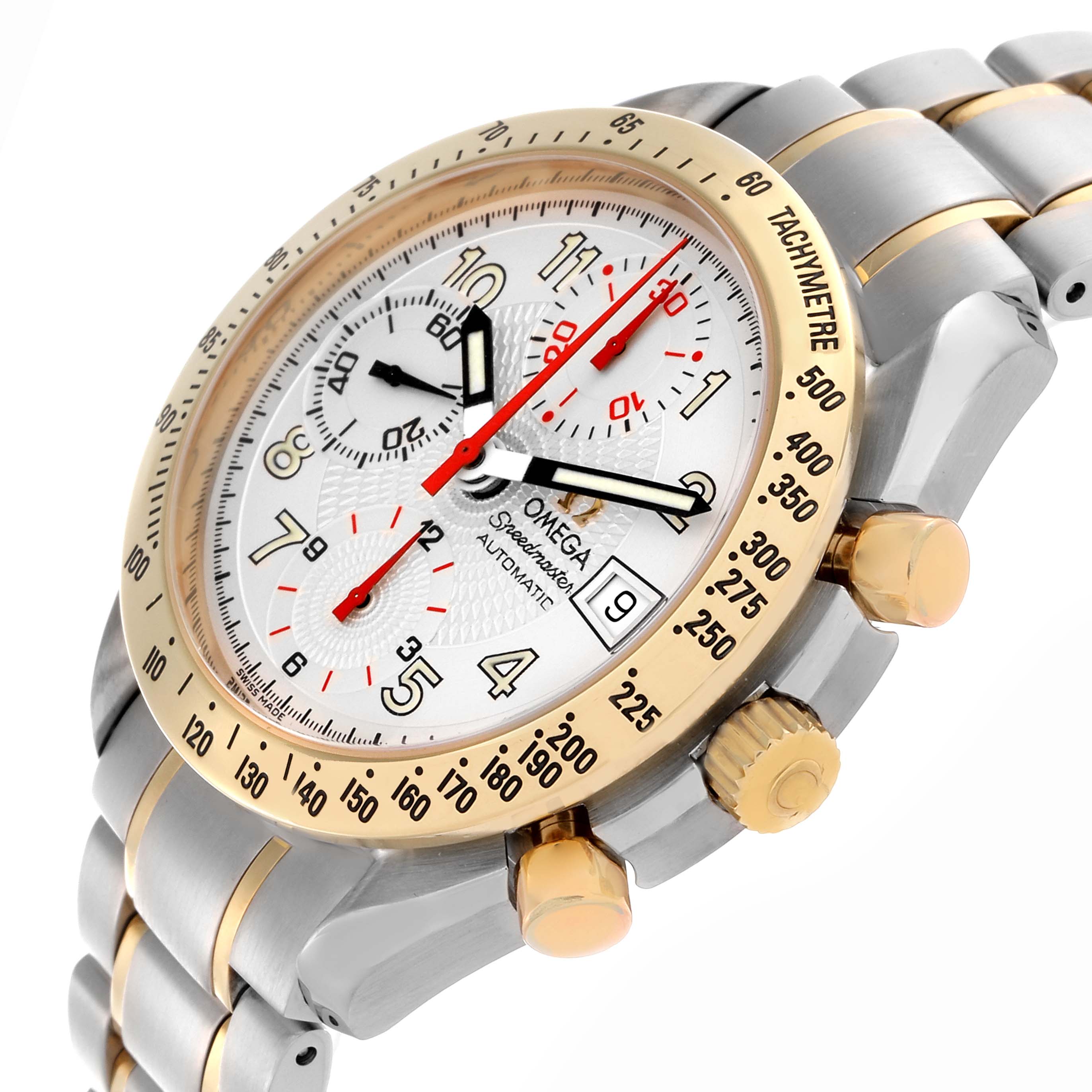 The Omega Speedmaster 3313.33.00 Men's Steel and Gold (two tone) White Dial 3313.33.00 Men's Steel and Gold (two tone) White Dial watch is shown at an angled side view, highlighting its bezel, dial, and crown.