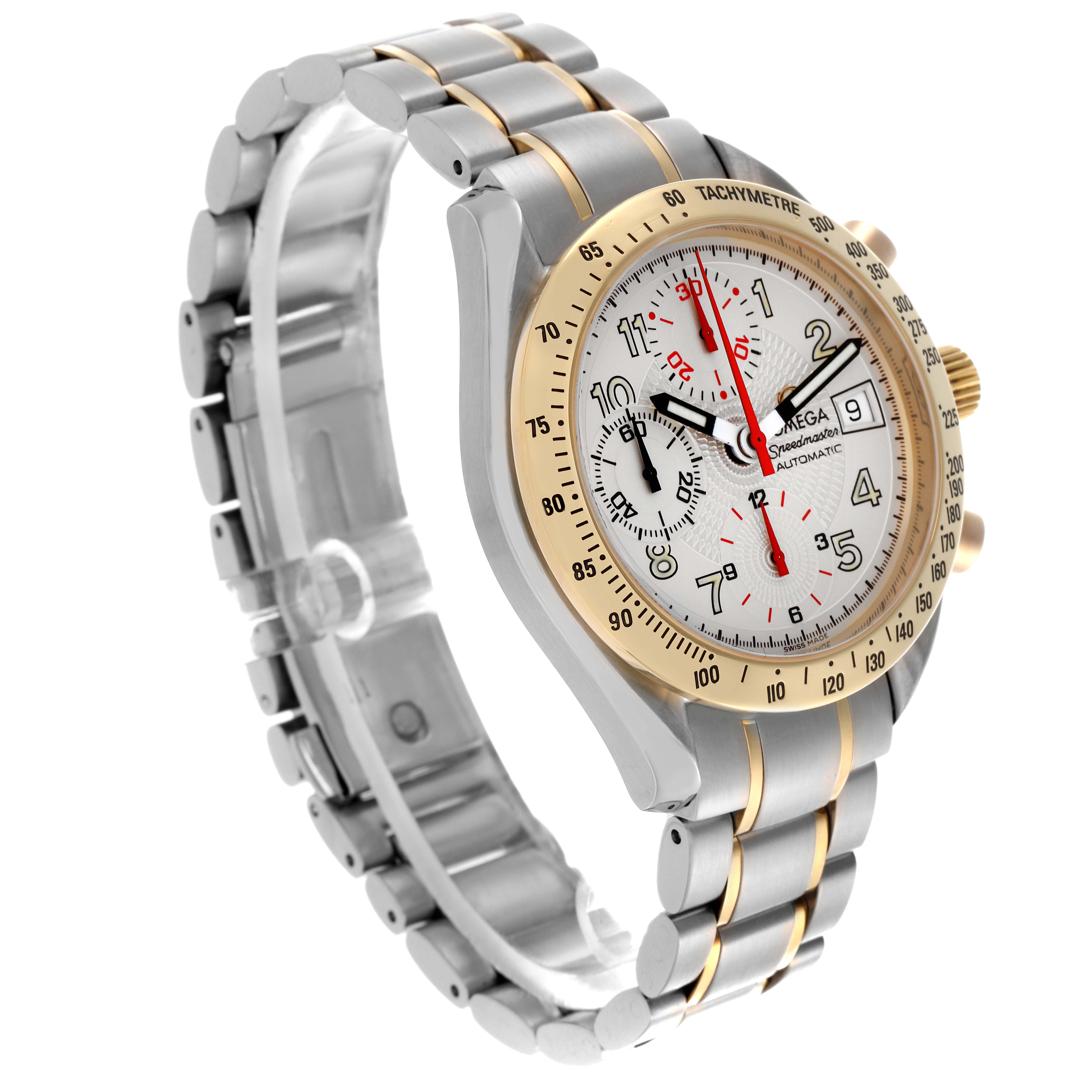 This Omega Speedmaster 3313.33.00 Men's Steel and Gold (two tone) White Dial 3313.33.00 Men's Steel and Gold (two tone) White Dial watch is shown at a three-quarter angle, highlighting the face, bezel, crown, and bracelet.
