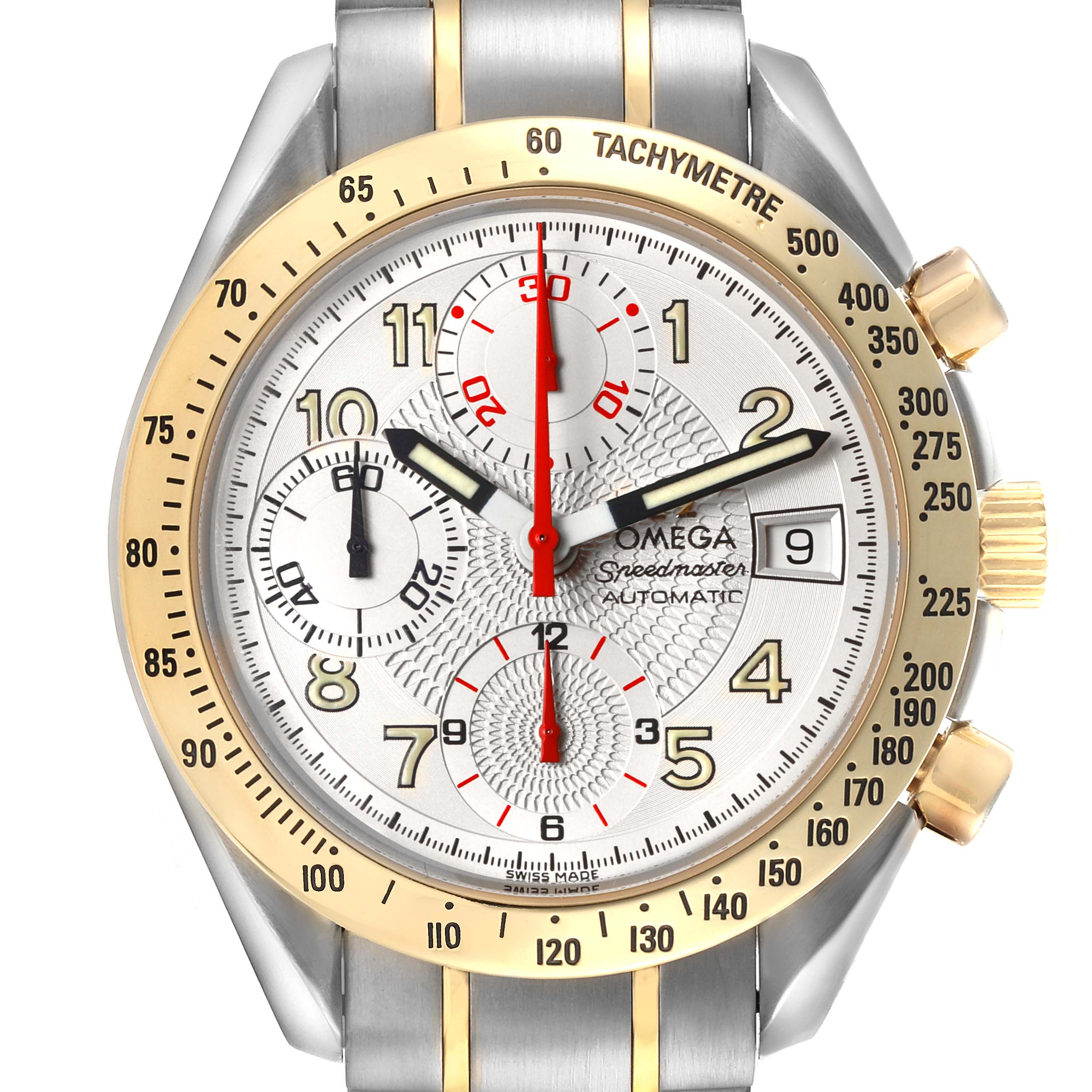 The Omega Speedmaster 3313.33.00 Men's Steel and Gold (two tone) White Dial 3313.33.00 Men's Steel and Gold (two tone) White Dial watch is shown from a front angle, highlighting the dial, sub-dials, tachymetric bezel, and crown.