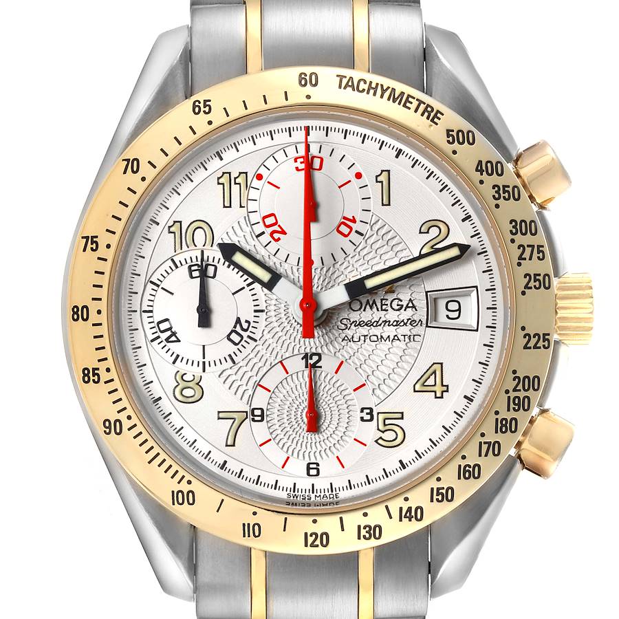 The Omega Speedmaster watch is shown from a front angle, highlighting the dial, sub-dials, tachymetric bezel, and crown.