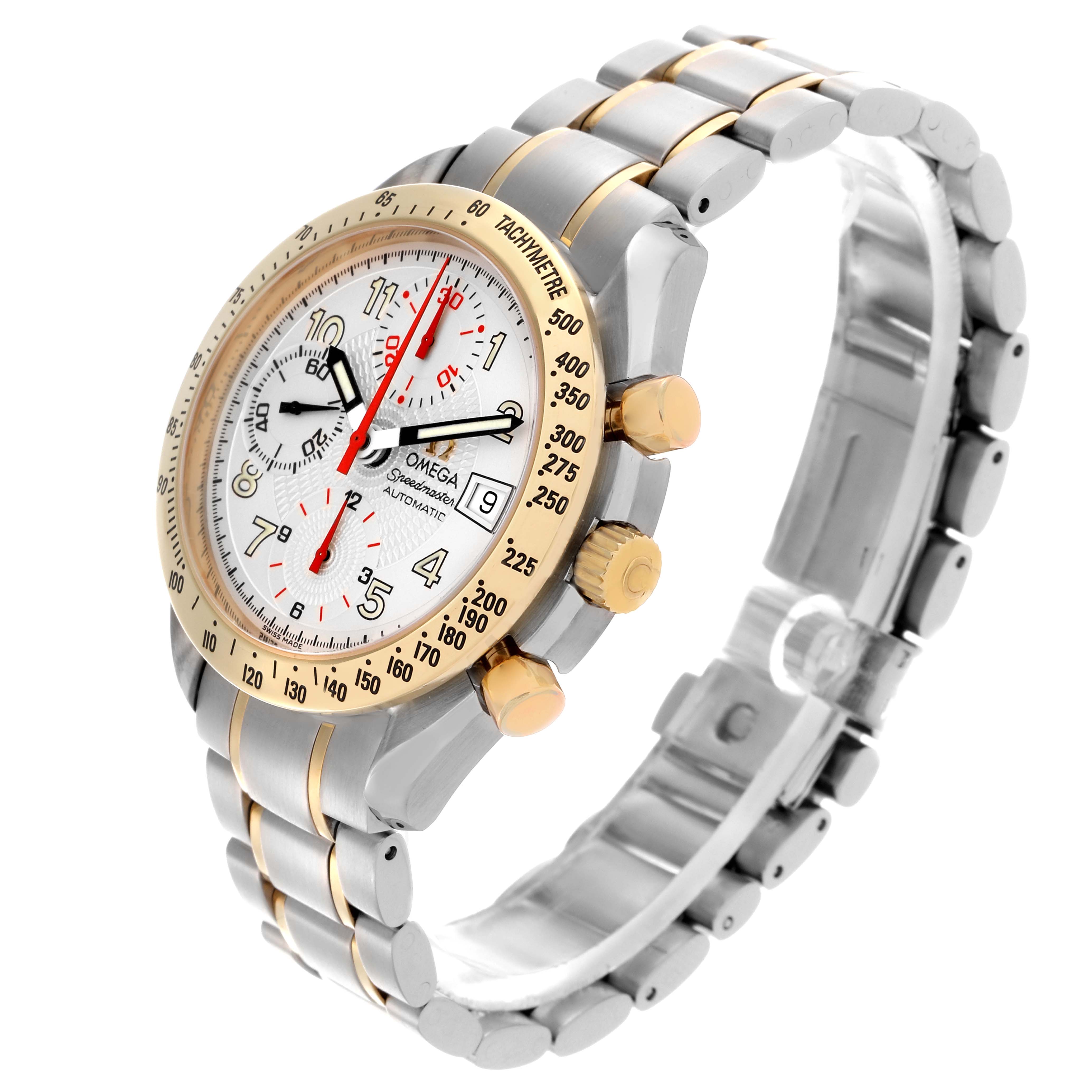 The Omega Speedmaster 3313.33.00 Men's Steel and Gold (two tone) White Dial 3313.33.00 Men's Steel and Gold (two tone) White Dial is shown at a three-quarter angle, highlighting the dial, bezel, pushers, and two-tone bracelet.
