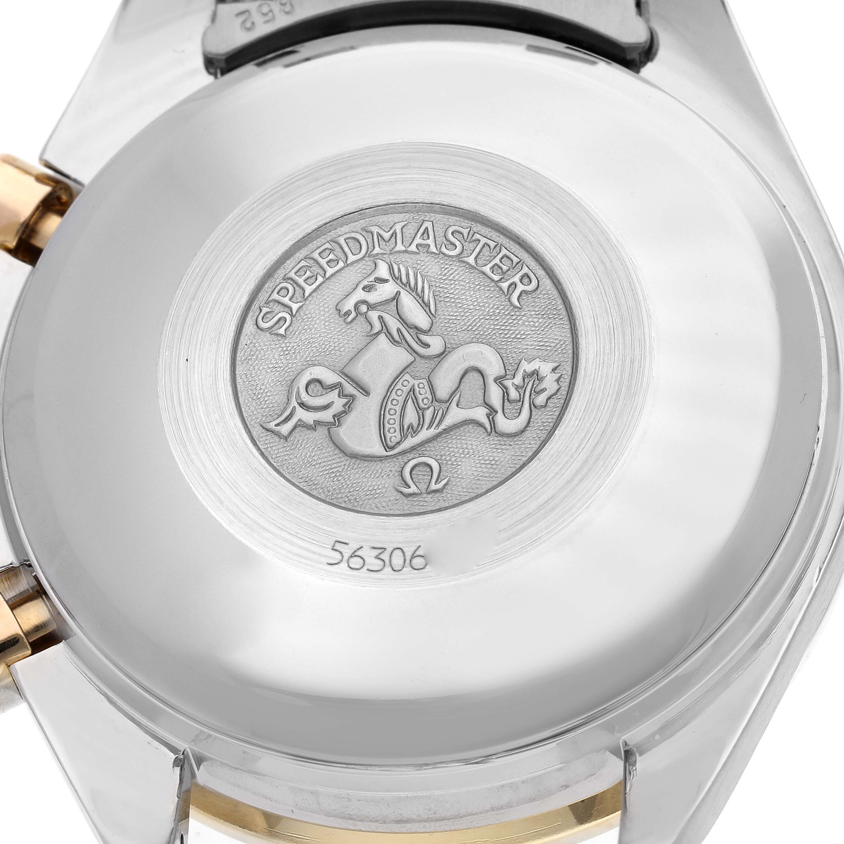 The image shows the case back of an Omega Speedmaster 3313.33.00 Men's Steel and Gold (two tone) White Dial 3313.33.00 Men's Steel and Gold (two tone) White Dial watch with engraved logo and model number.