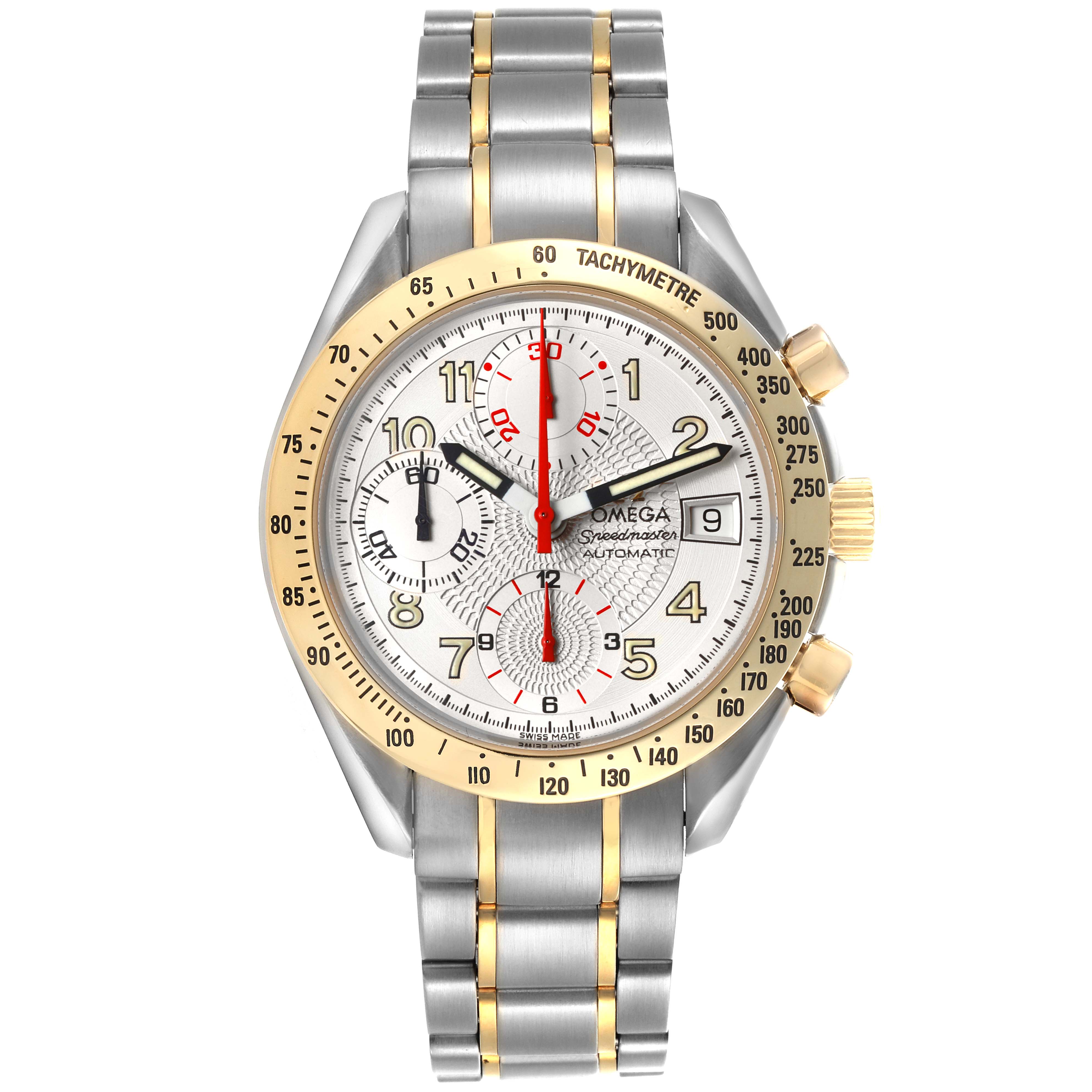 The Omega Speedmaster 3313.33.00 Men's Steel and Gold (two tone) White Dial 3313.33.00 Men's Steel and Gold (two tone) White Dial watch is shown from a front angle, highlighting the bezel, dial, and bracelet.