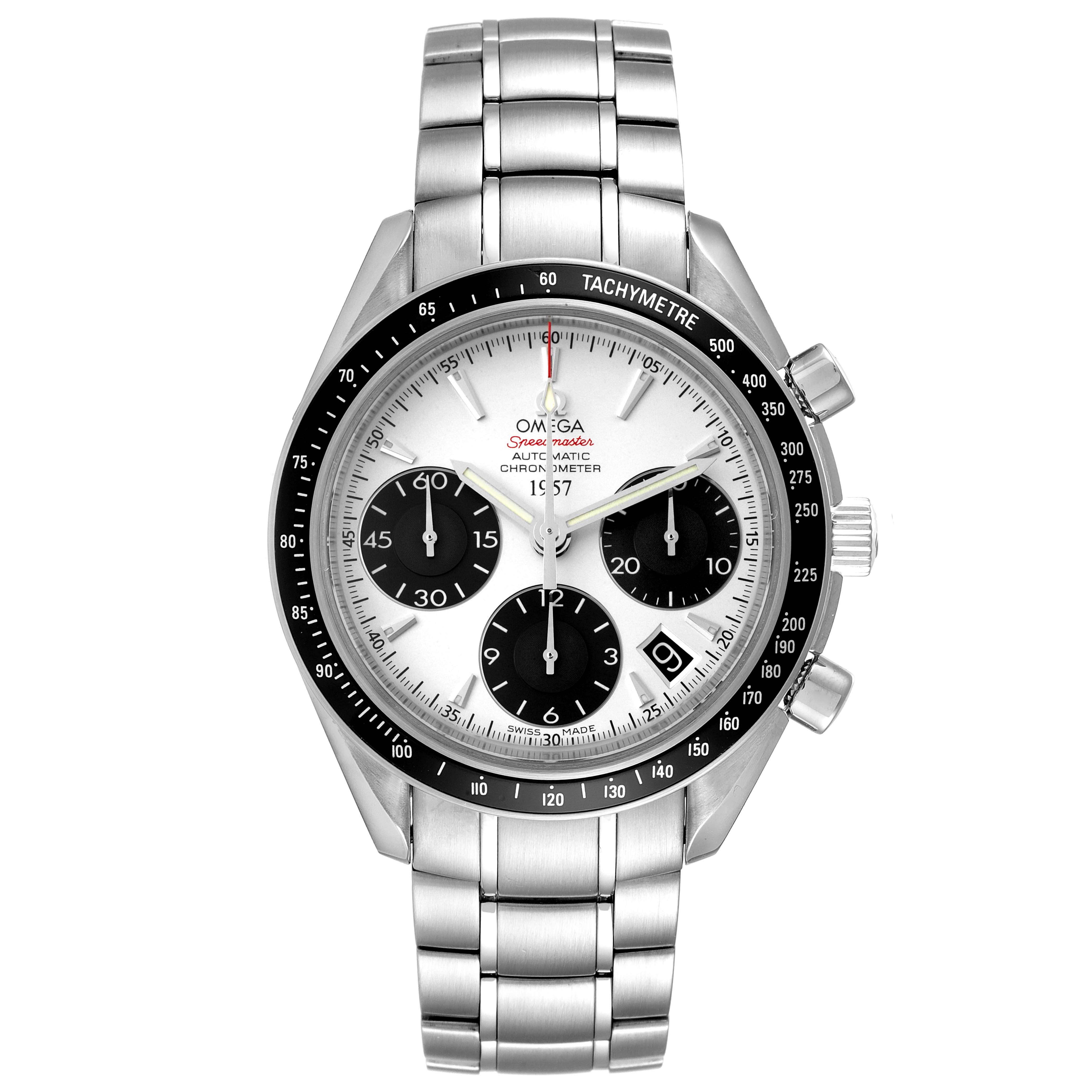 The image shows a frontal view of an Omega Speedmaster 323.30.40.40.02.001 Men's Stainless Steel White Dial 323.30.40.40.02.001 Men's Stainless Steel White Dial watch, displaying its dial, bezel, chronograph sub-dials, and stainless steel bracelet.