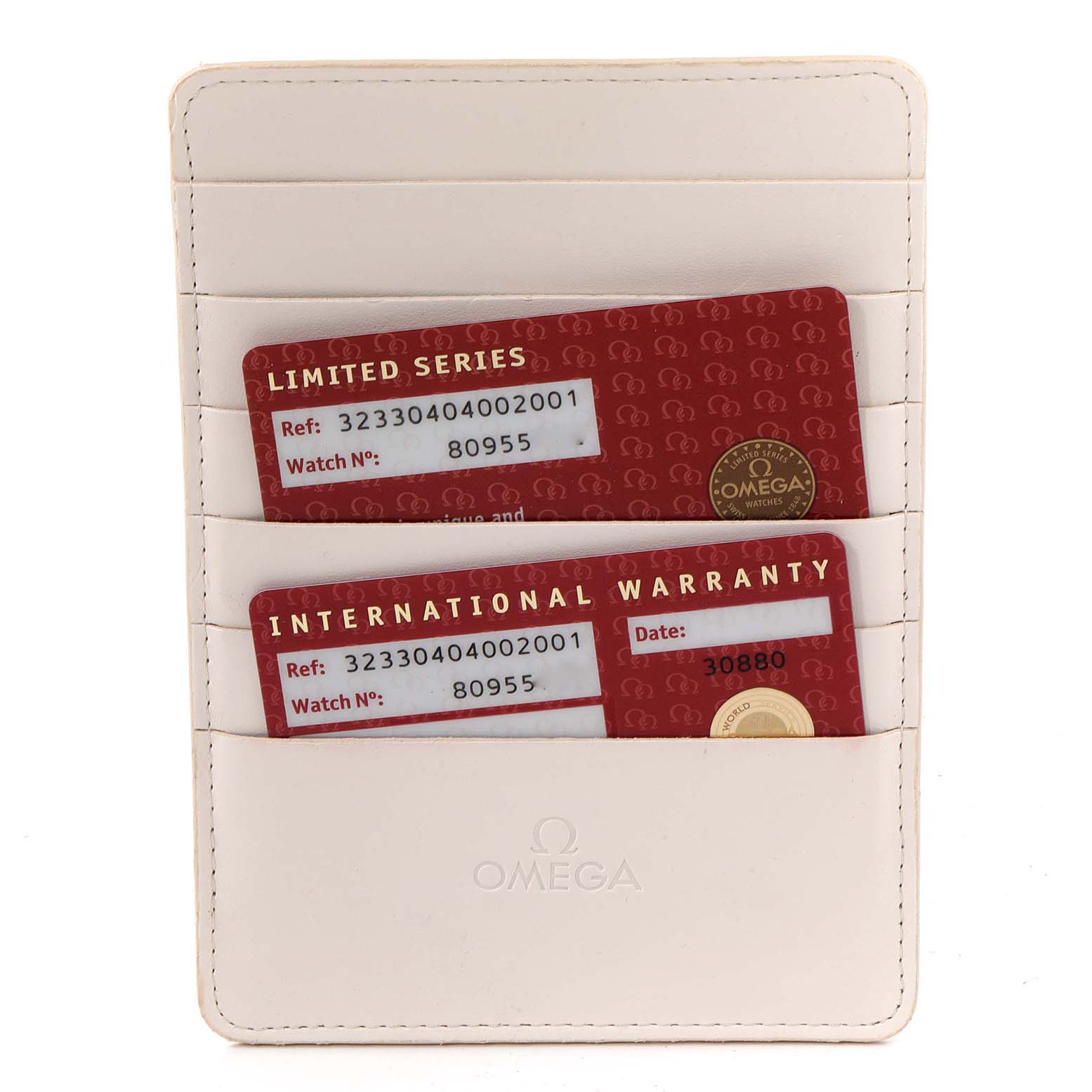 The image shows warranty and limited series cards for the Omega Speedmaster 323.30.40.40.02.001 Men's Stainless Steel White Dial 323.30.40.40.02.001 Men's Stainless Steel White Dial watch, in a white cardholder.