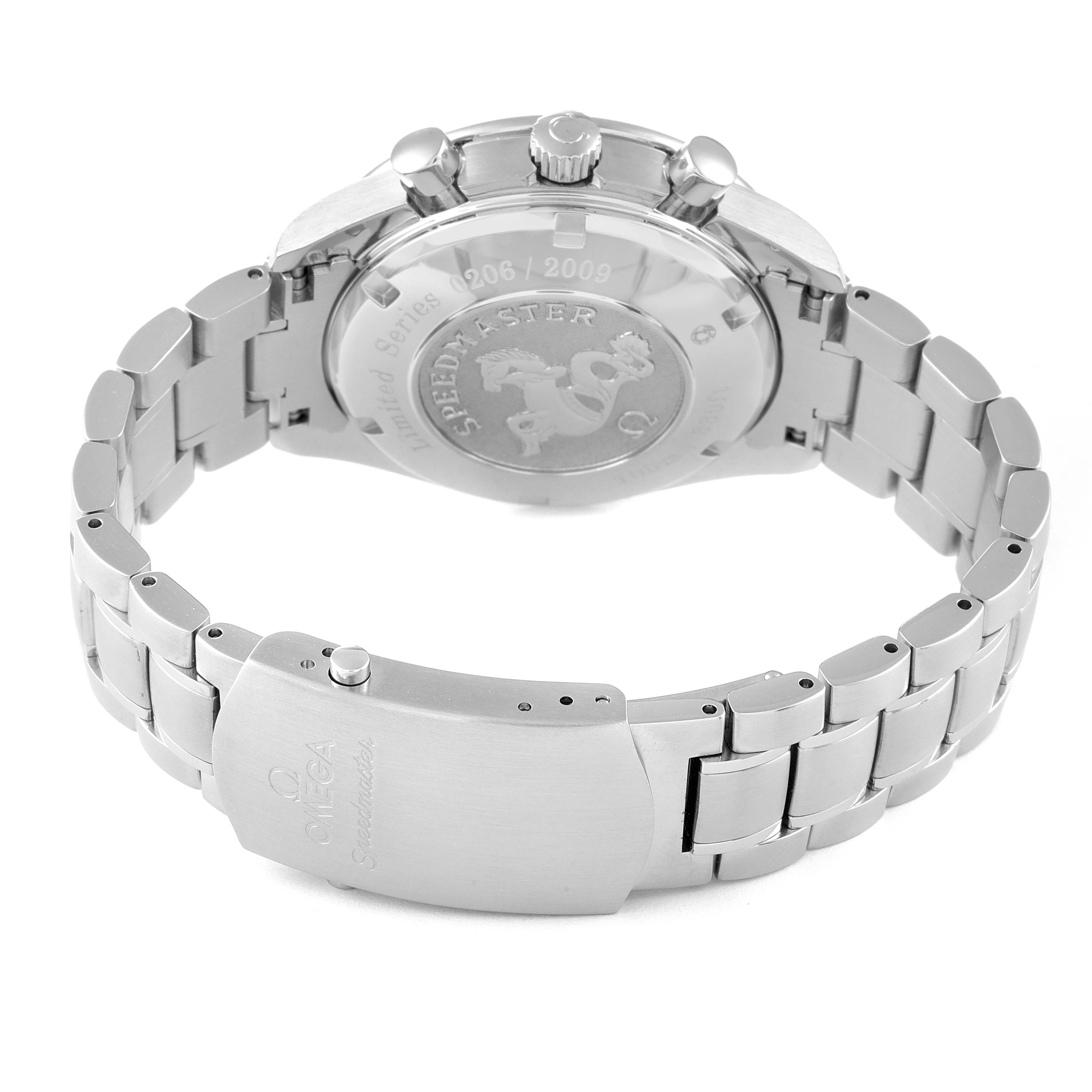 The image shows the back view of an Omega Speedmaster 323.30.40.40.02.001 Men's Stainless Steel White Dial 323.30.40.40.02.001 Men's Stainless Steel White Dial watch, focusing on the case back and metal bracelet with clasp.