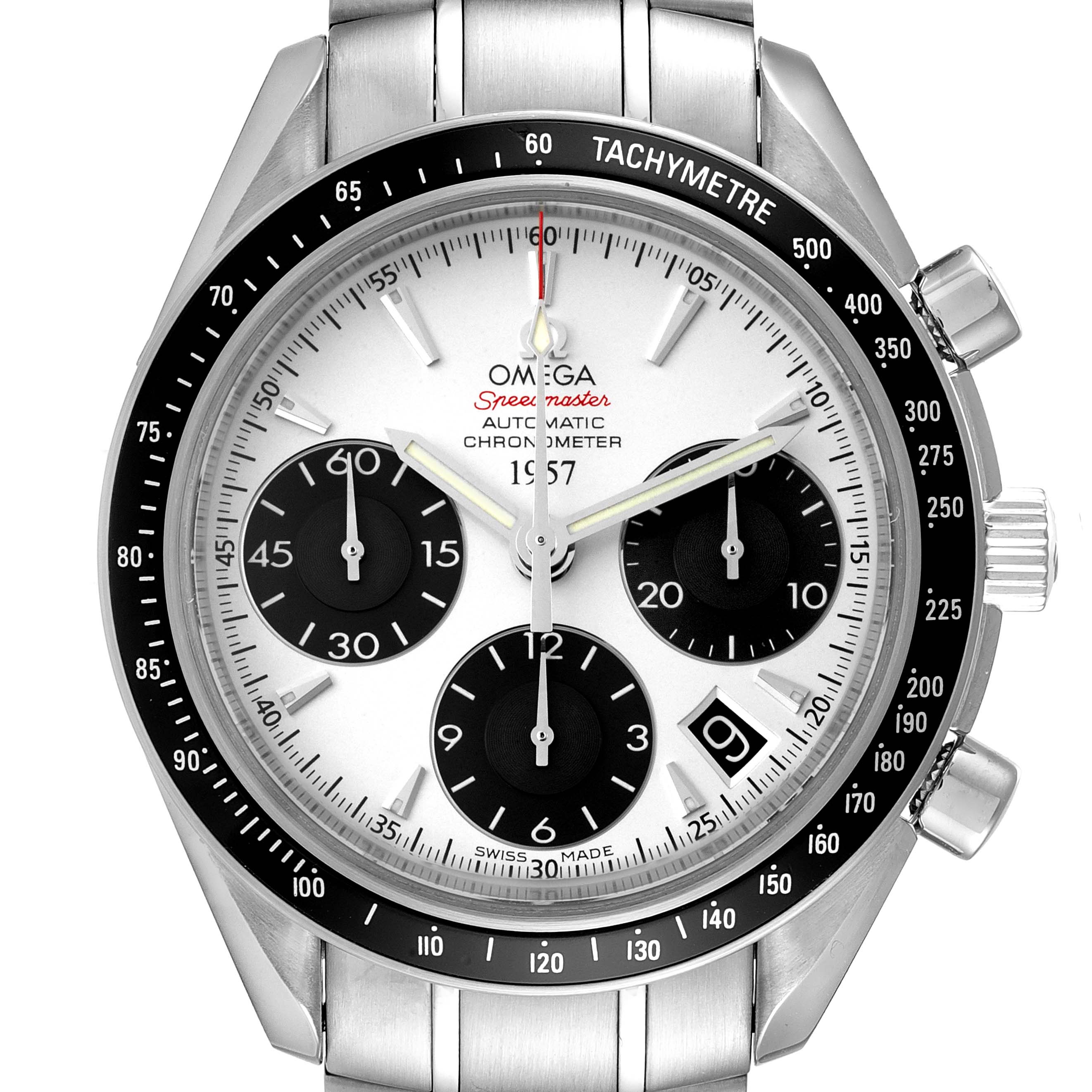 This image shows a front view of the Omega Speedmaster 323.30.40.40.02.001 Men's Stainless Steel White Dial 323.30.40.40.02.001 Men's Stainless Steel White Dial watch, featuring its dial, chronograph sub-dials, tachymeter bezel, and date window.