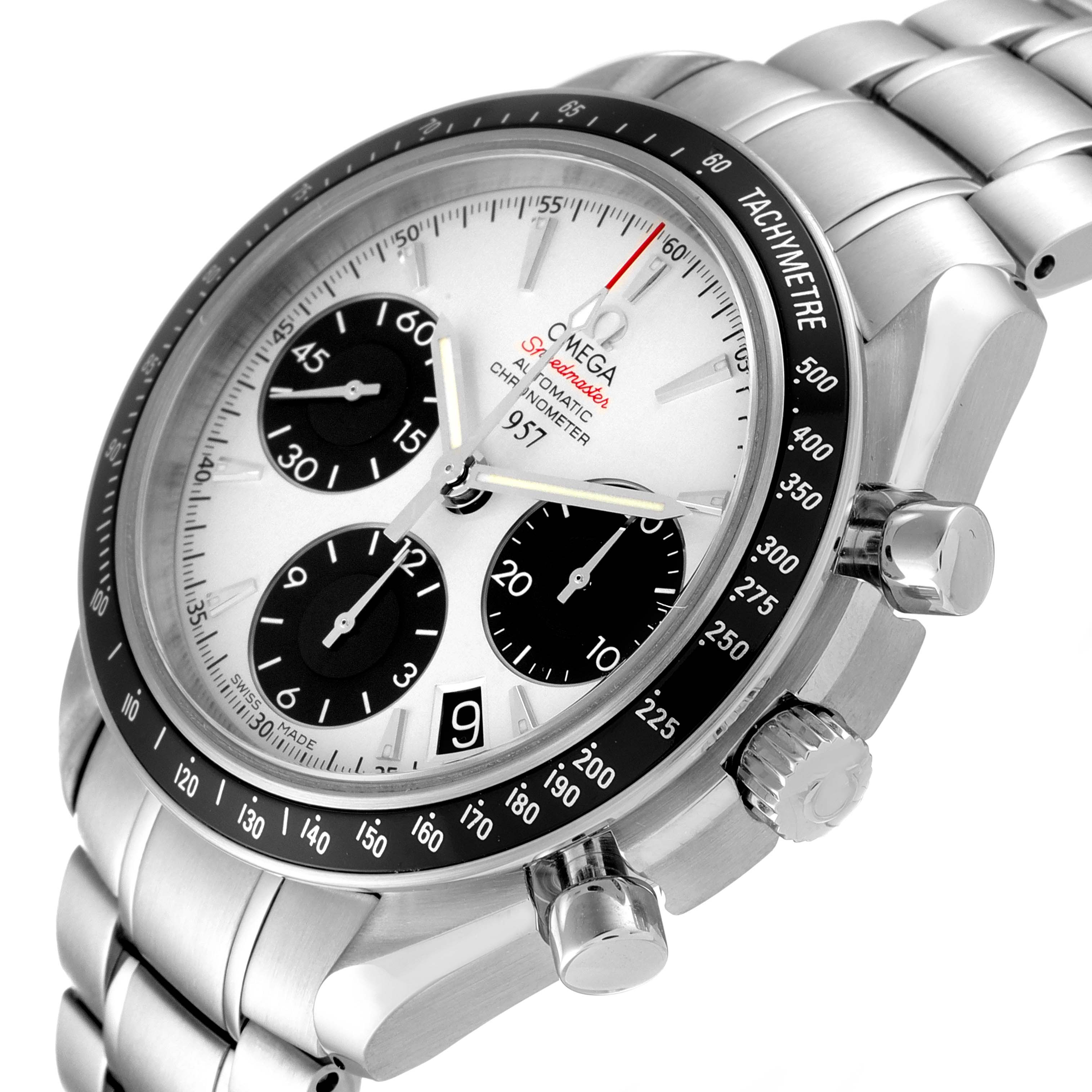 The Omega Speedmaster 323.30.40.40.02.001 Men's Stainless Steel White Dial 323.30.40.40.02.001 Men's Stainless Steel White Dial watch is shown at an oblique angle, highlighting the dial, sub-dials, tachymeter bezel, and stainless steel bracelet.