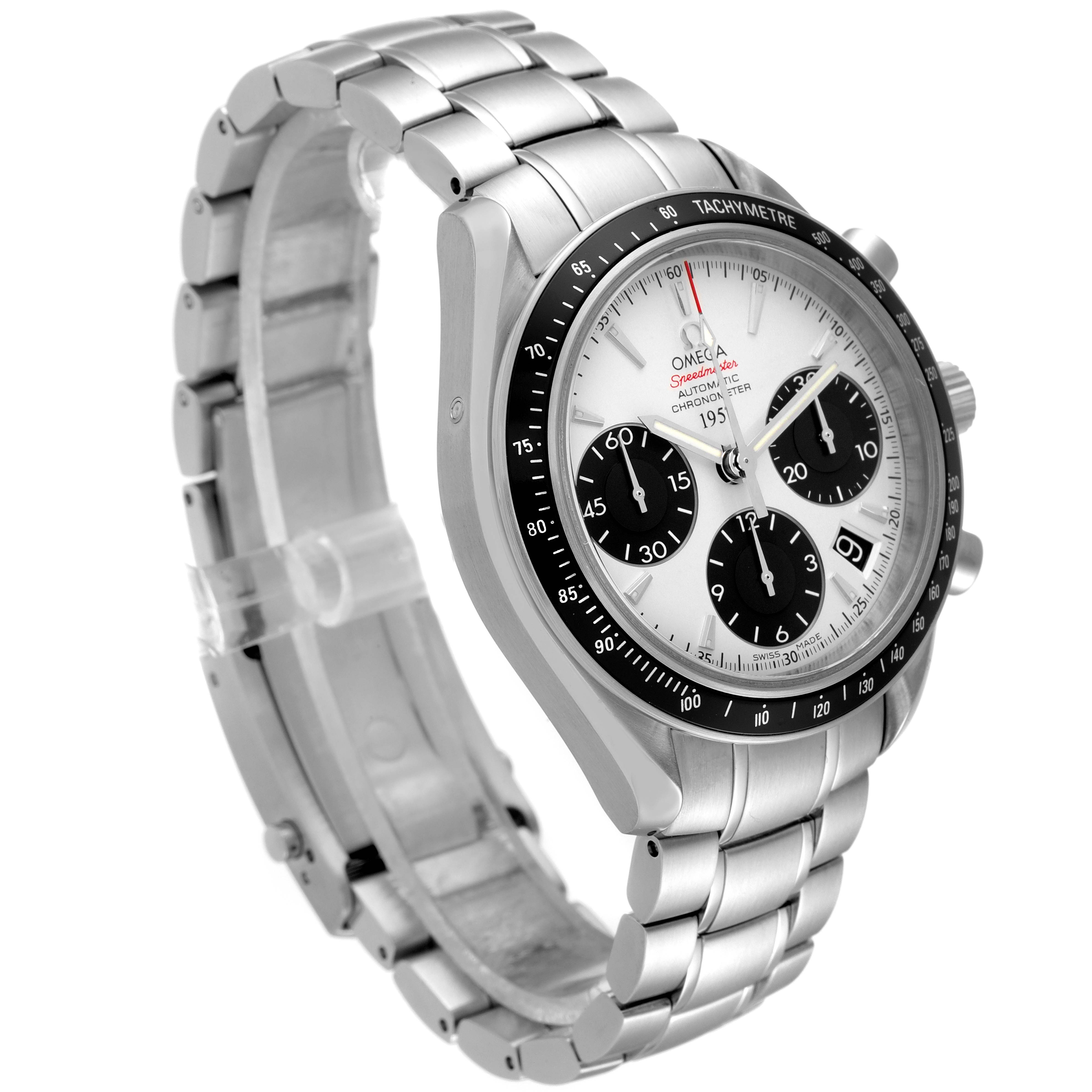 The image shows a side angle of the Omega Speedmaster 323.30.40.40.02.001 Men's Stainless Steel White Dial 323.30.40.40.02.001 Men's Stainless Steel White Dial watch, highlighting the face, bezel, crown, pushers, and stainless steel bracelet.