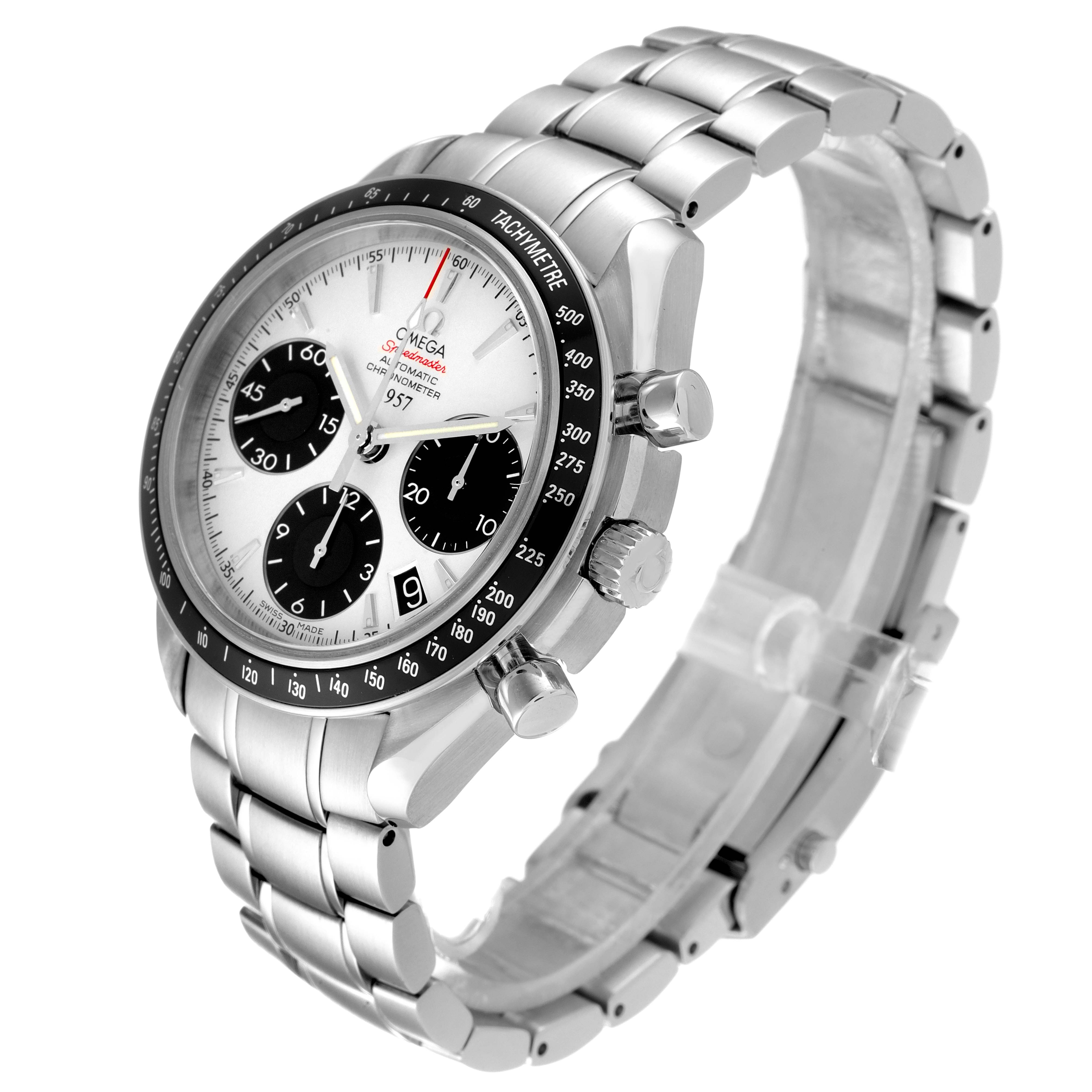 The image shows an Omega Speedmaster 323.30.40.40.02.001 Men's Stainless Steel White Dial 323.30.40.40.02.001 Men's Stainless Steel White Dial watch at a three-quarter angle, highlighting its dial, bezel, and stainless steel bracelet.