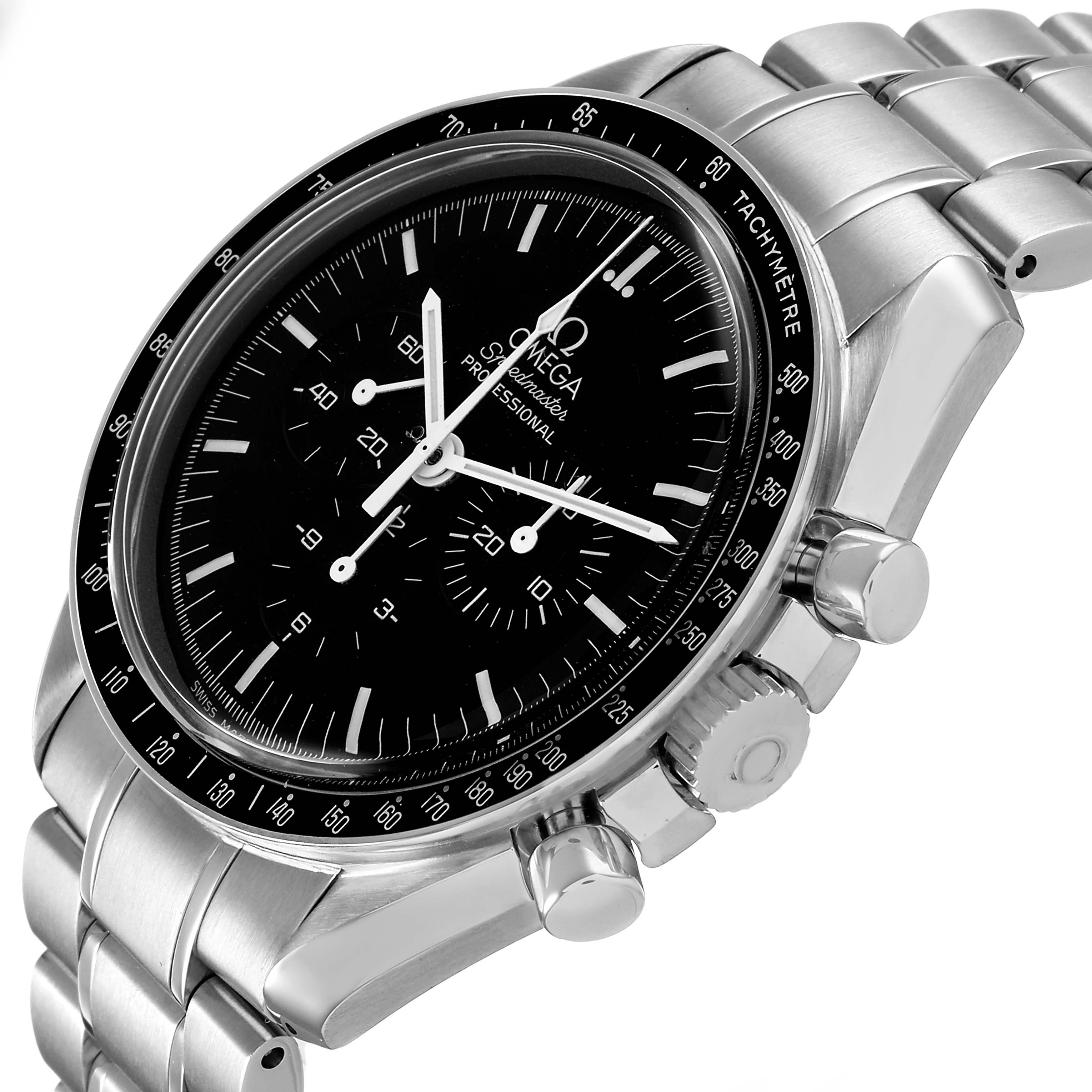 The Omega Speedmaster 3570.50.00 Men's Stainless Steel Black Dial watch is shown at a three-quarter angle, displaying the case, bracelet, dial, and pushers.