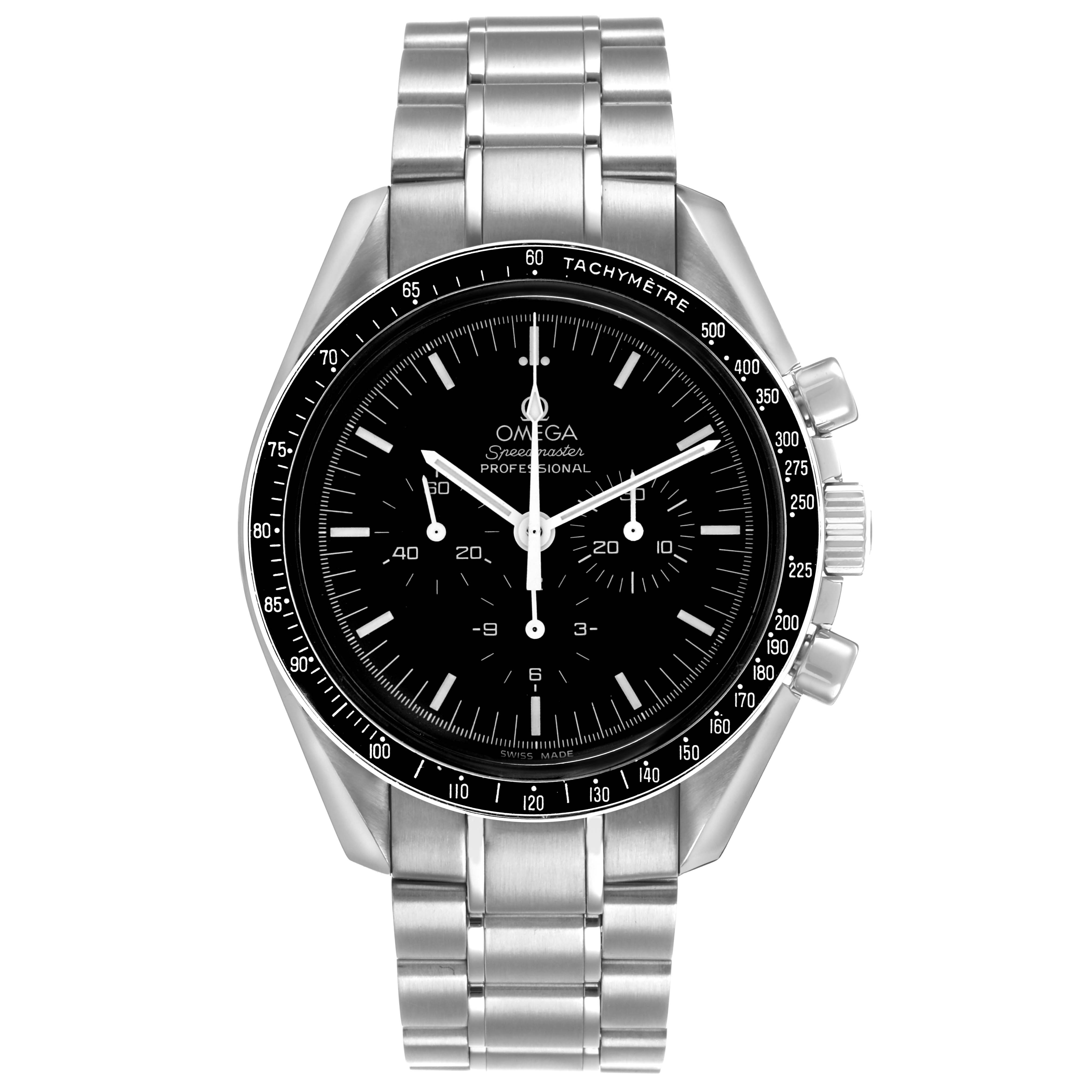 The Omega Speedmaster 3570.50.00 Men's Stainless Steel Black Dial watch is shown from a front angle, displaying its face, tachymeter bezel, and metal bracelet.