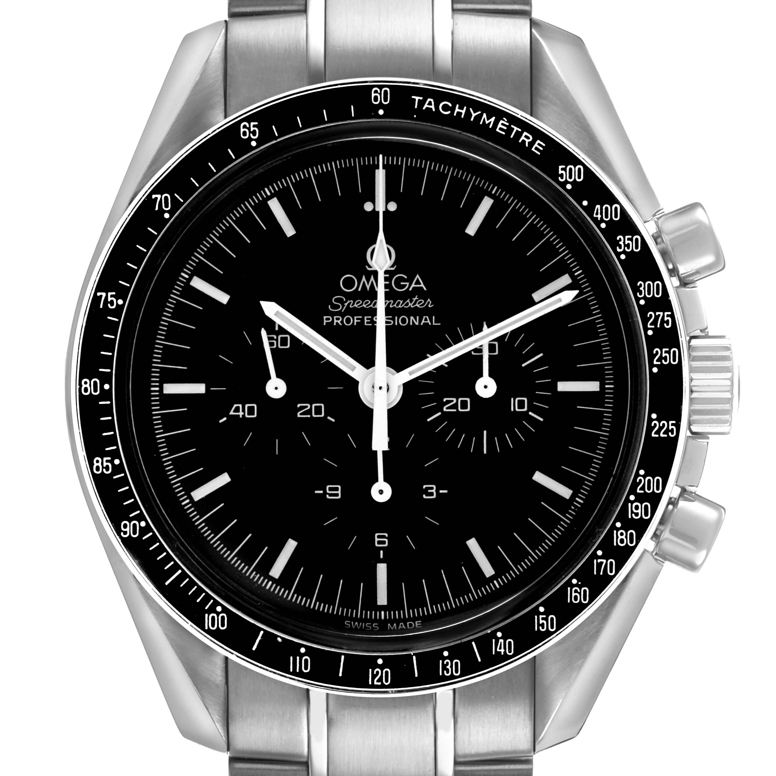 The Omega Speedmaster 3570.50.00 Men's Stainless Steel Black Dial watch is shown from the front, highlighting the dial, tachymeter bezel, and stainless steel bracelet.