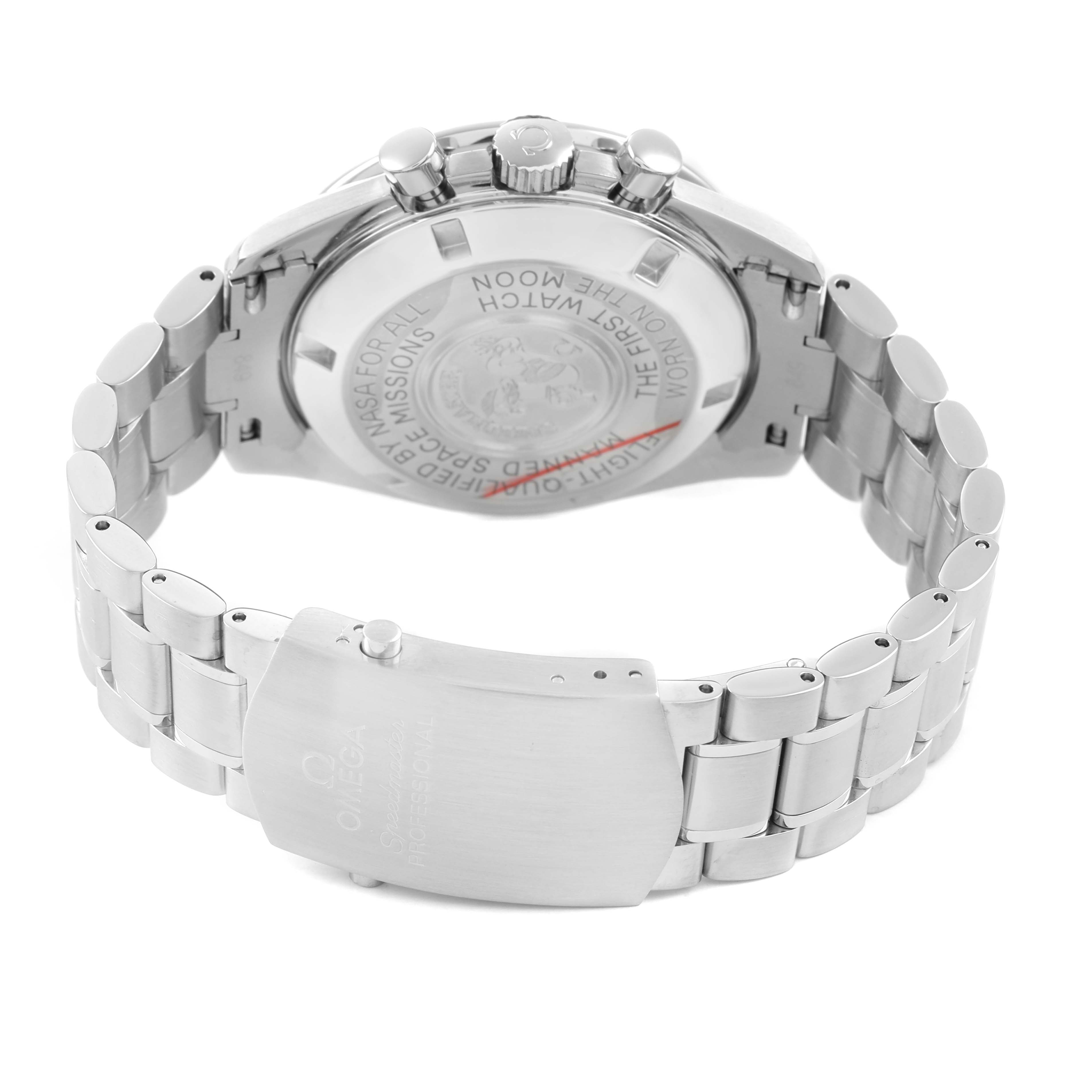 The image shows the back of an Omega Speedmaster 3570.50.00 Men's Stainless Steel Black Dial, highlighting the clasp and bracelet from a rear angle.