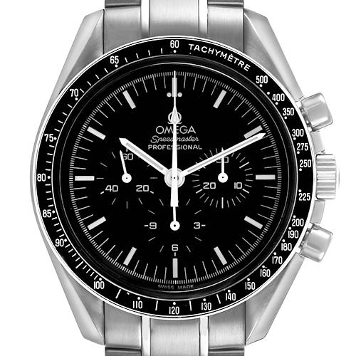 The Omega Speedmaster 3570.50.00 Men's Stainless Steel Black Dial watch is shown from a front angle, displaying the face, bezel, and part of the bracelet.