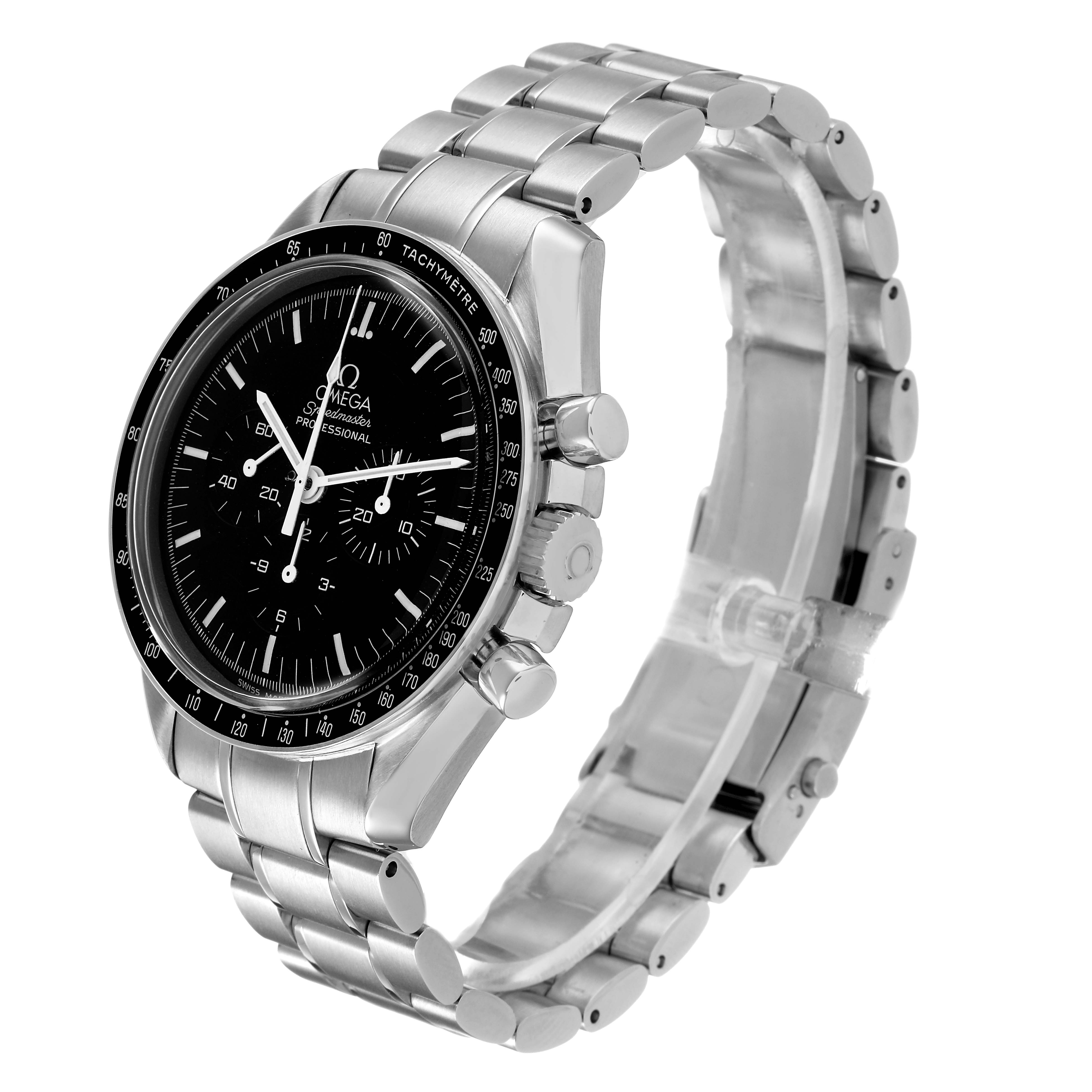 The Omega Speedmaster 3570.50.00 Men's Stainless Steel Black Dial watch is shown at an angled side view, highlighting the dial, bezel, pushers, and metal bracelet.