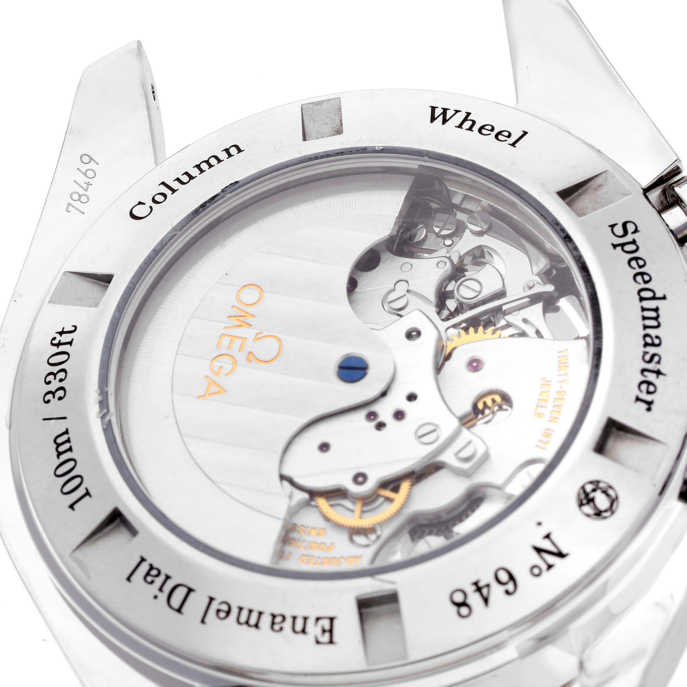 The image shows the back casing and movement mechanism of the Omega Speedmaster 311.30.44.50.01.001 Men's Stainless Steel Black Dial 311.30.44.50.01.001 Men's Stainless Steel Black Dial watch.