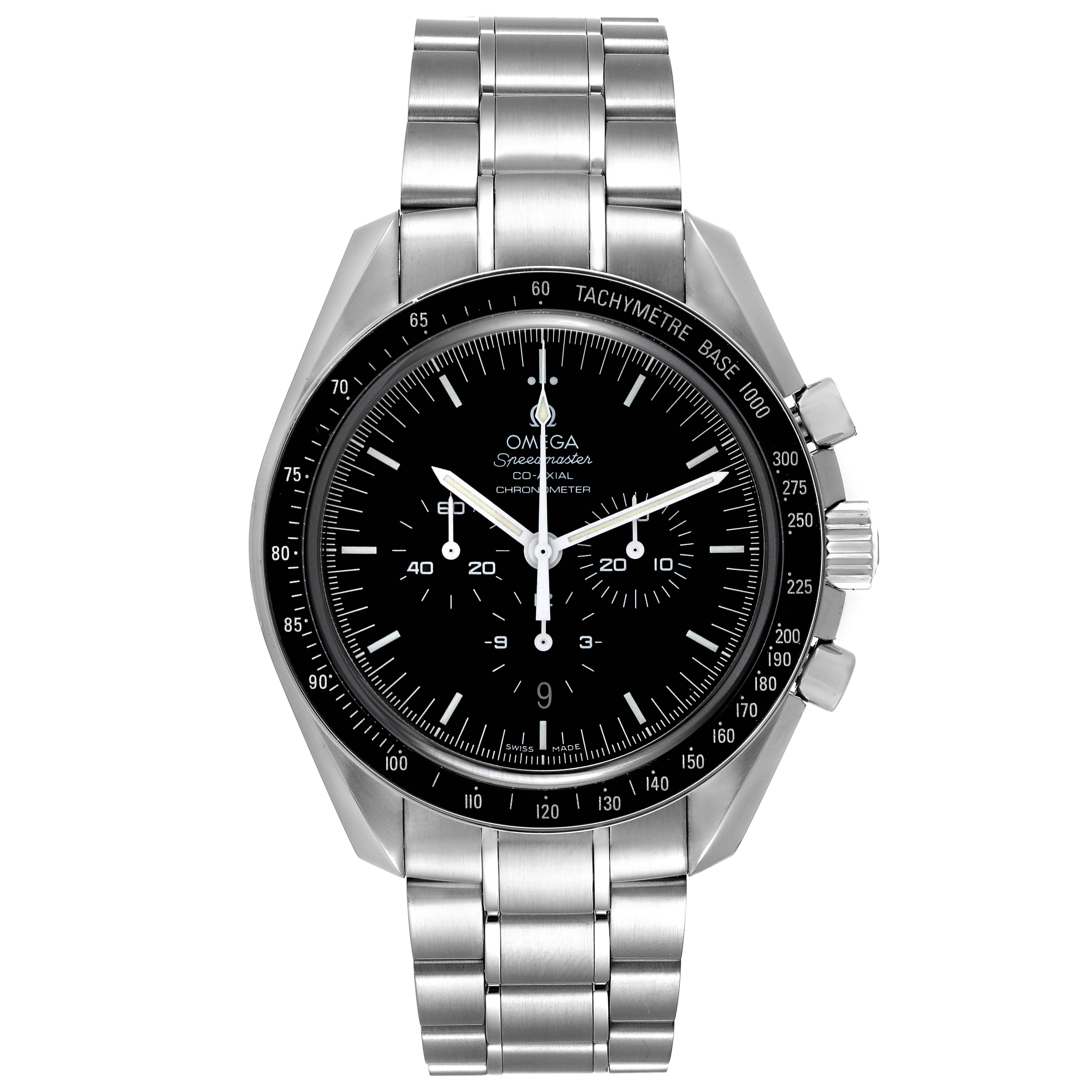 The image shows a front view of the Omega Speedmaster 311.30.44.50.01.001 Men's Stainless Steel Black Dial 311.30.44.50.01.001 Men's Stainless Steel Black Dial watch, displaying its case, bezel, dial, hands, and metal bracelet.