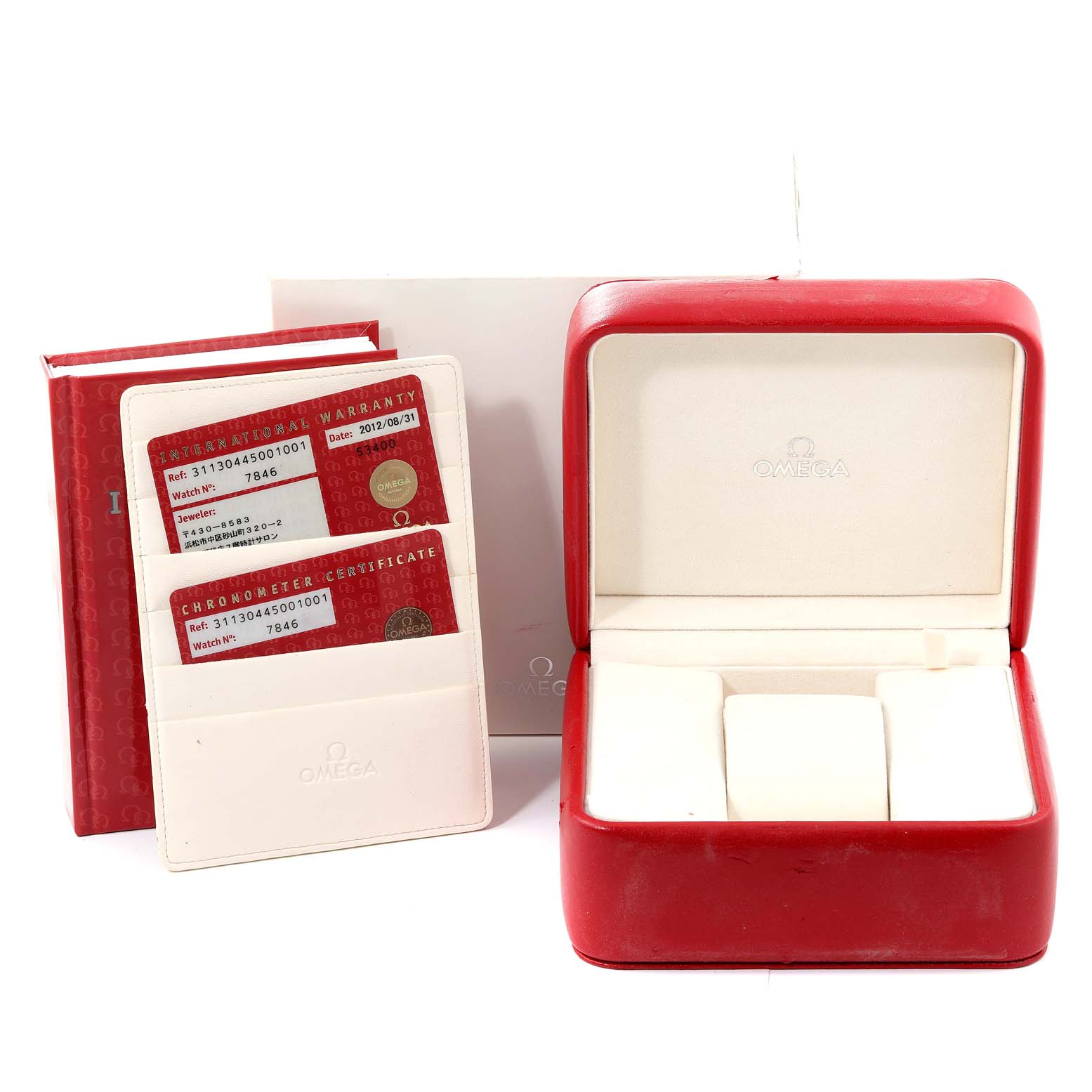 The image shows the open box and warranty cards for an Omega Speedmaster 311.30.44.50.01.001 Men's Stainless Steel Black Dial 311.30.44.50.01.001 Men's Stainless Steel Black Dial watch.