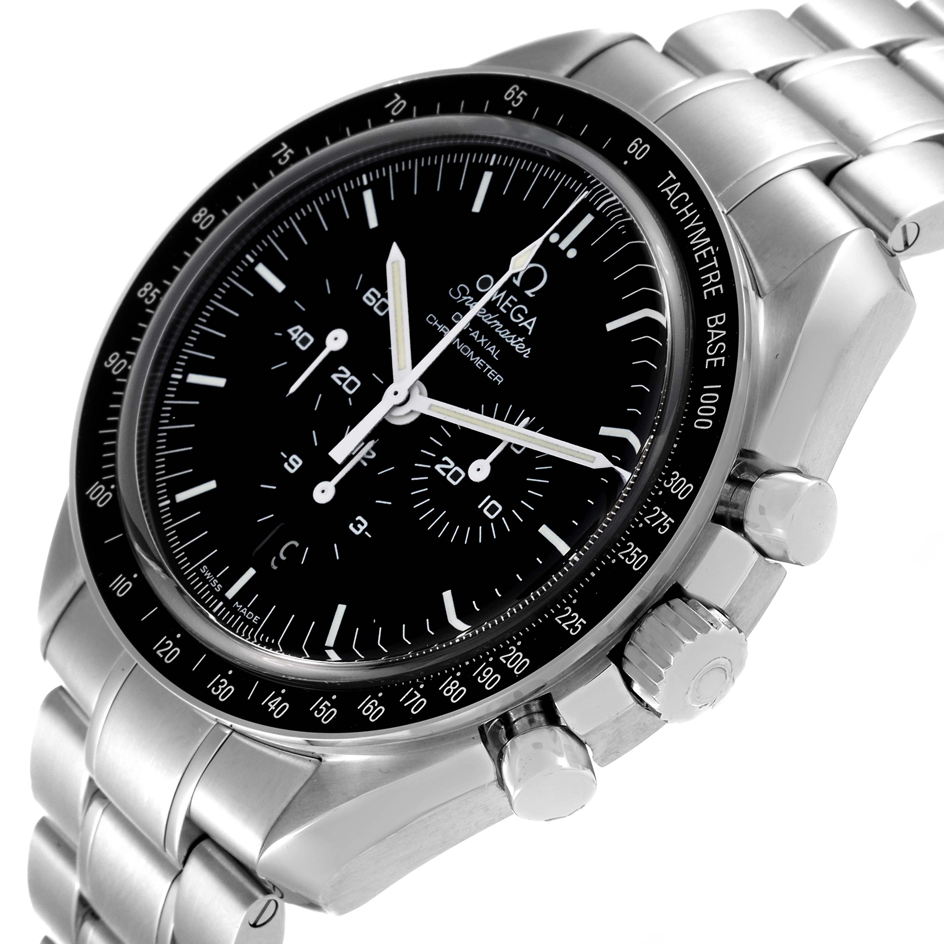 The image shows a side angle view of an Omega Speedmaster 311.30.44.50.01.001 Men's Stainless Steel Black Dial 311.30.44.50.01.001 Men's Stainless Steel Black Dial watch, highlighting the black dial, bezel, crown, and pushers.