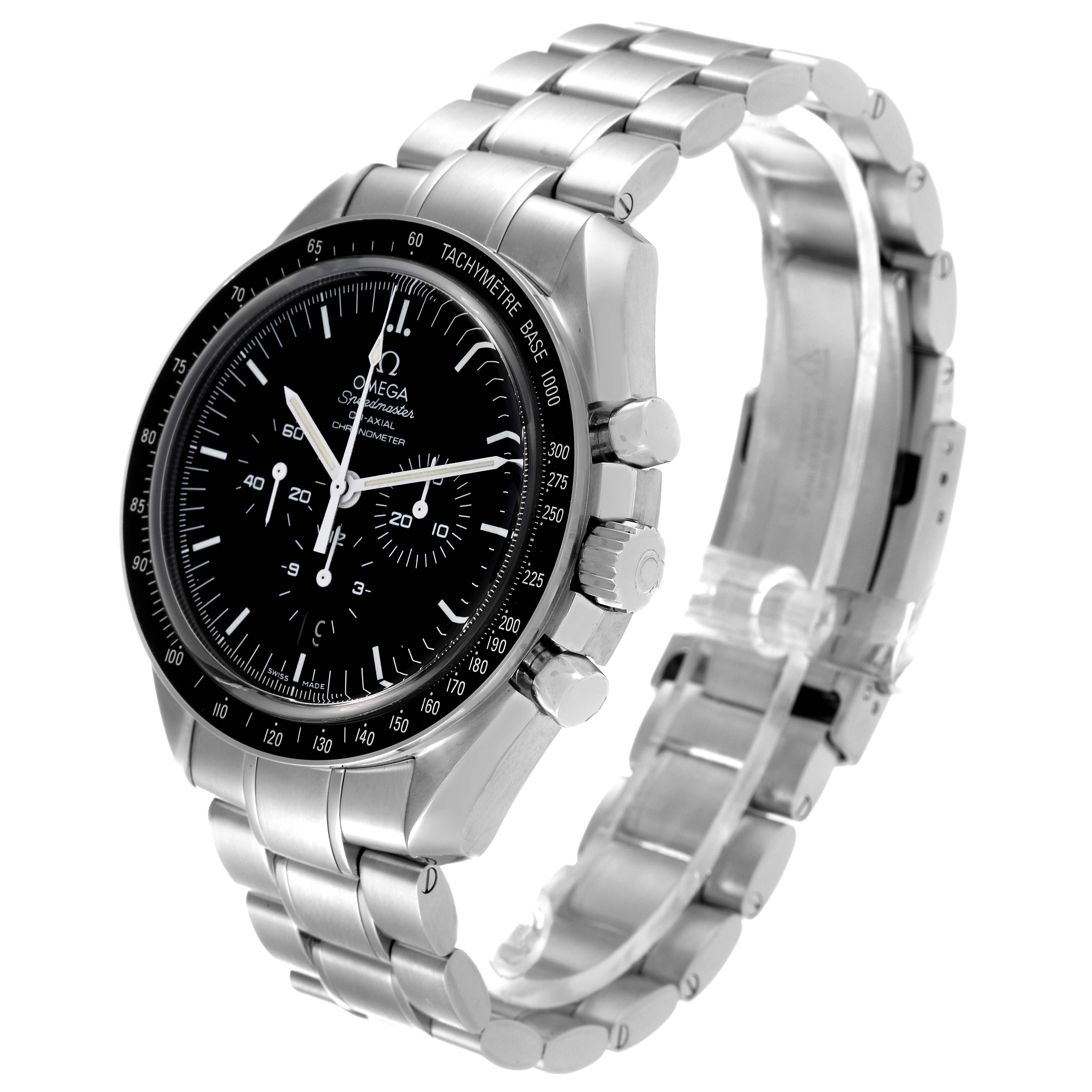 The image shows a three-quarter angle of an Omega Speedmaster 311.30.44.50.01.001 Men's Stainless Steel Black Dial 311.30.44.50.01.001 Men's Stainless Steel Black Dial watch highlighting its face, bezel, crown, and metal bracelet.