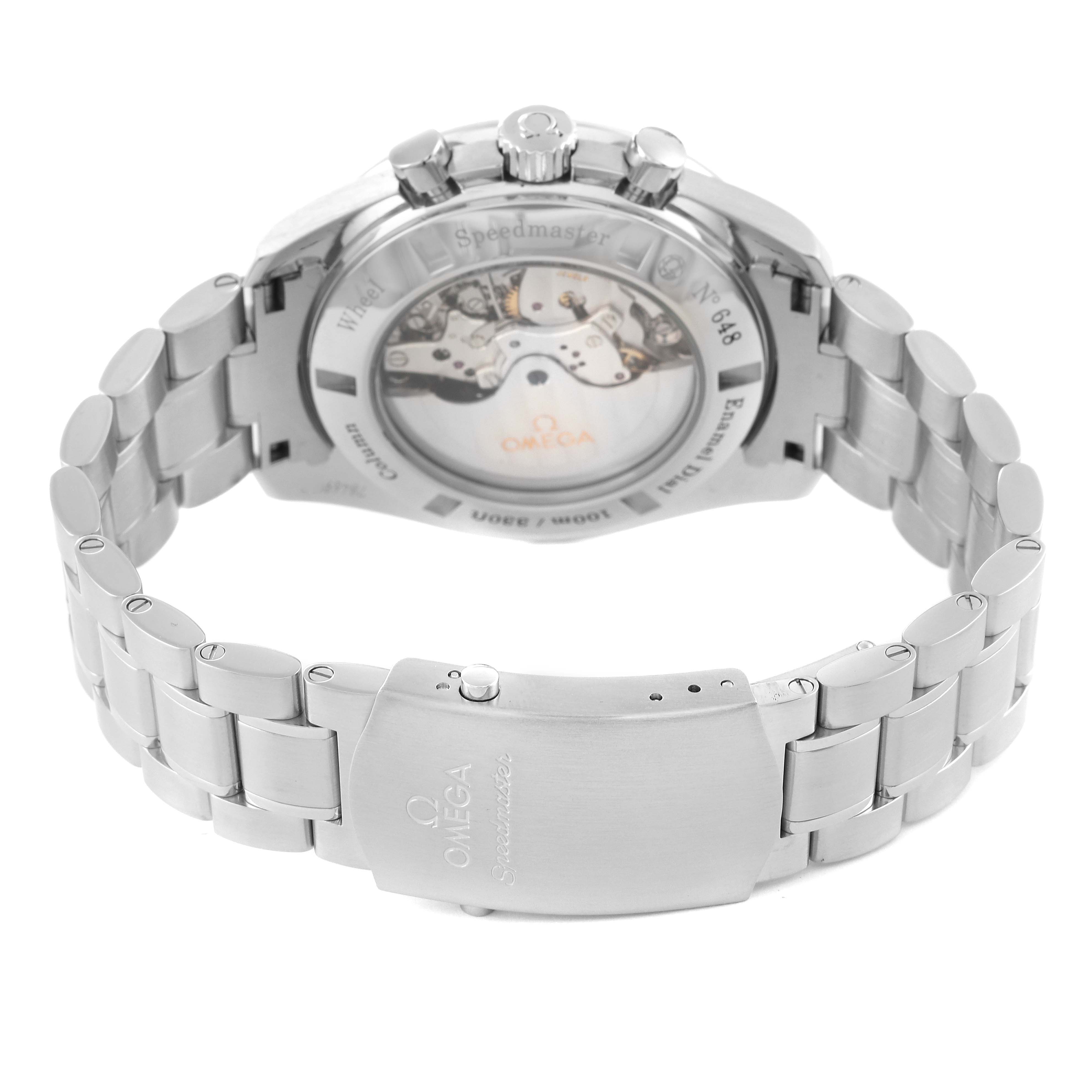 The image shows the backside and bracelet of an Omega Speedmaster 311.30.44.50.01.001 Men's Stainless Steel Black Dial 311.30.44.50.01.001 Men's Stainless Steel Black Dial watch, highlighting the clasp and movement through the transparent case back.